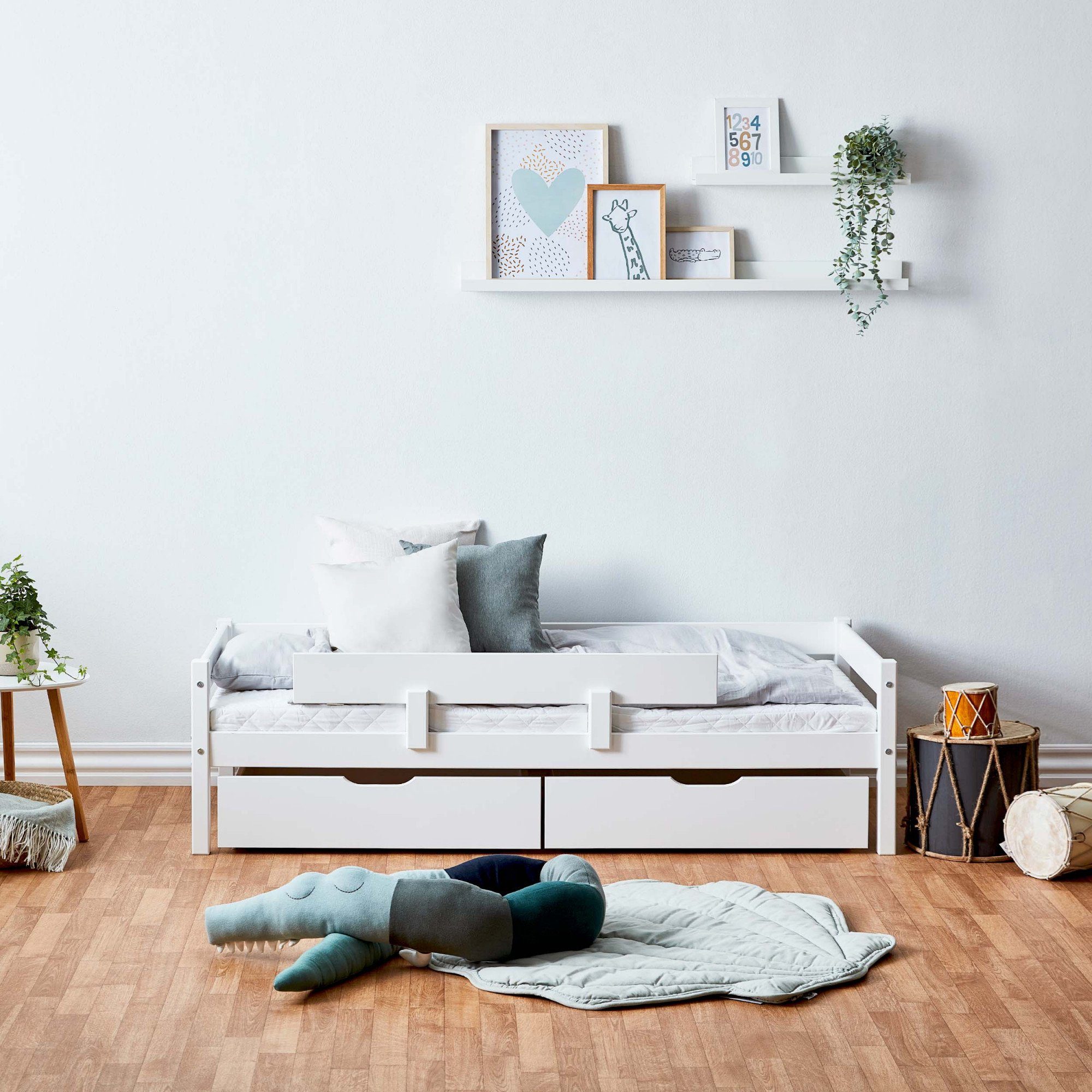 Lüttenhütt Jugendbett ECO One, Kinderbett Rausfallschutz, Schubkästen mit 2 mit Weiss