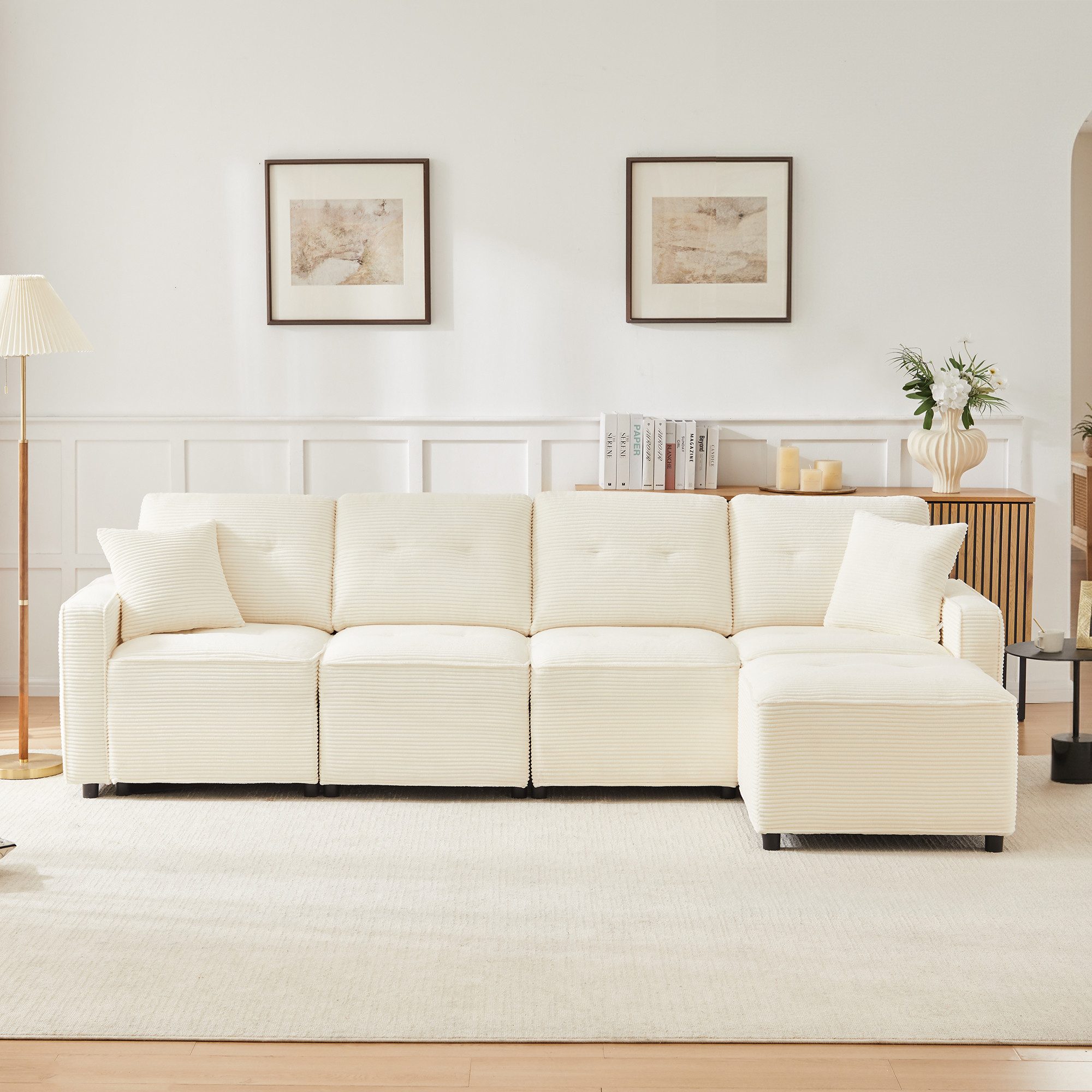 Flieks 4-Sitzer Sofa mit hydraulisches Stauraum und 1 Hocker, L280xT83xH85 cm, L-förmiges Sofa Ecksofa Polstersofa inkl. Kissen, Cordstoff Beige