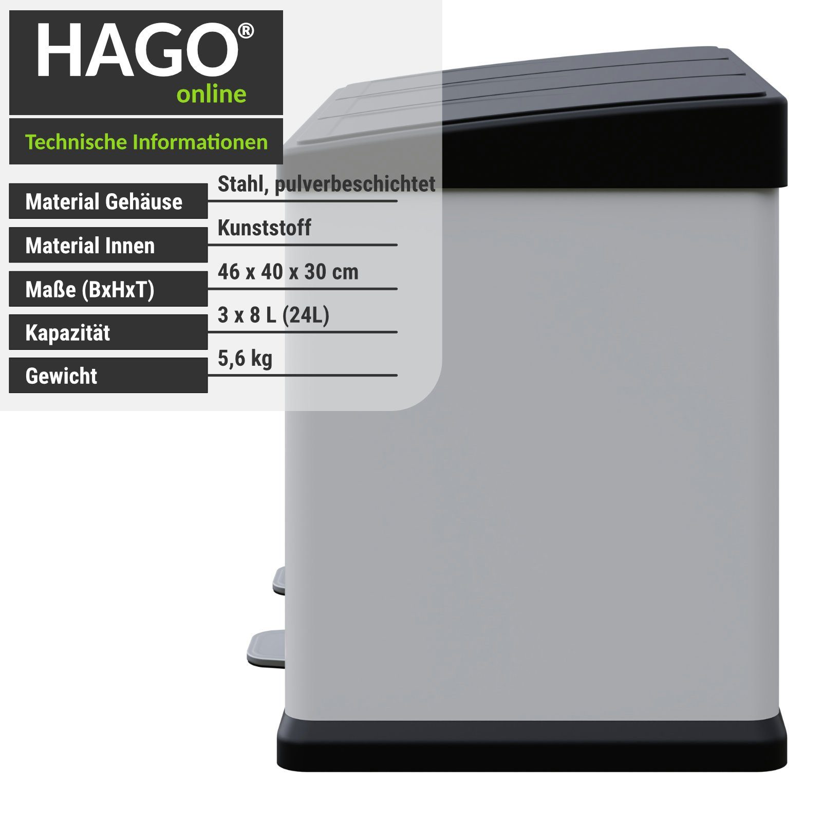 HAGO Mülltrennsystem Premium Mülleimer Abfalleimer Trennsystem Abfallbehälter weiß Mülltrenner