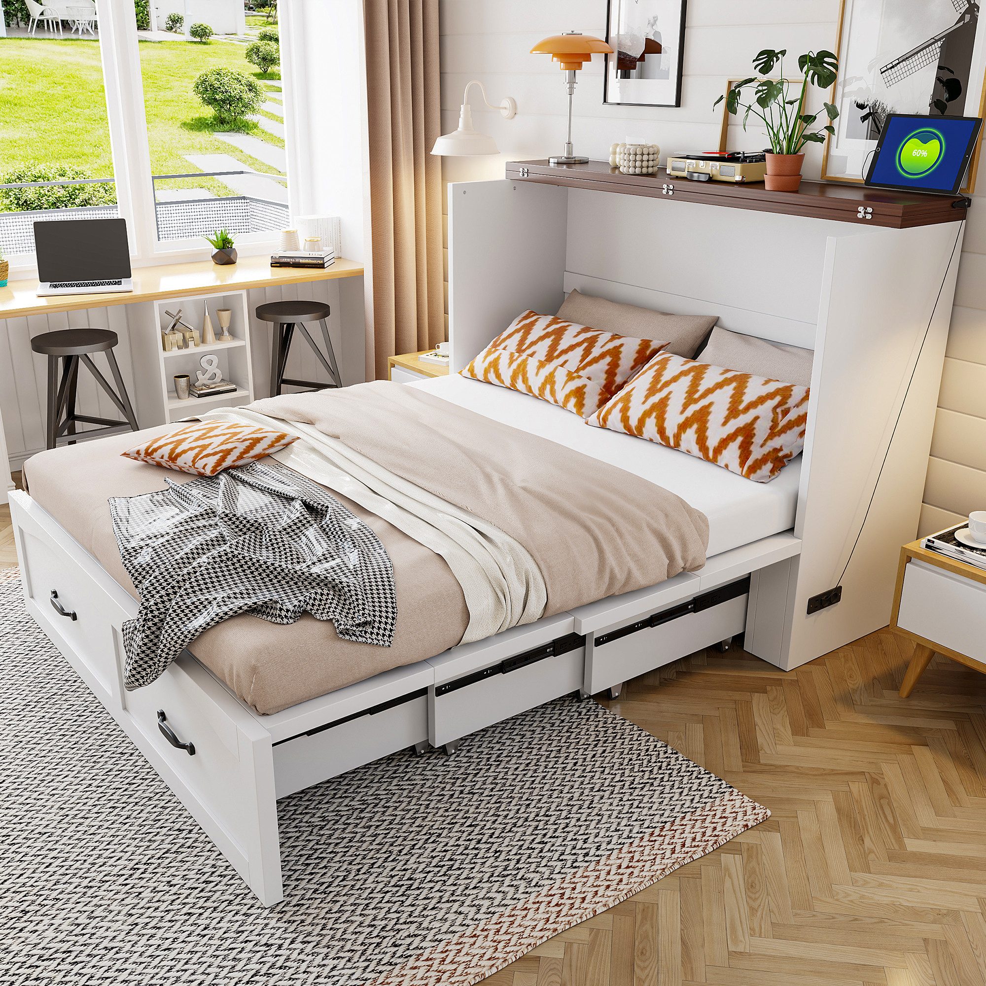 Odikalo Schrankbett 140×200 Klappbett Jugendbett Doppelbett Weiß (Ausziehbares Bettgestell mit Stauraum Steckdose nach europäischem Standard Metallrahmen geräuscharme Rollen Ohne Matratze)