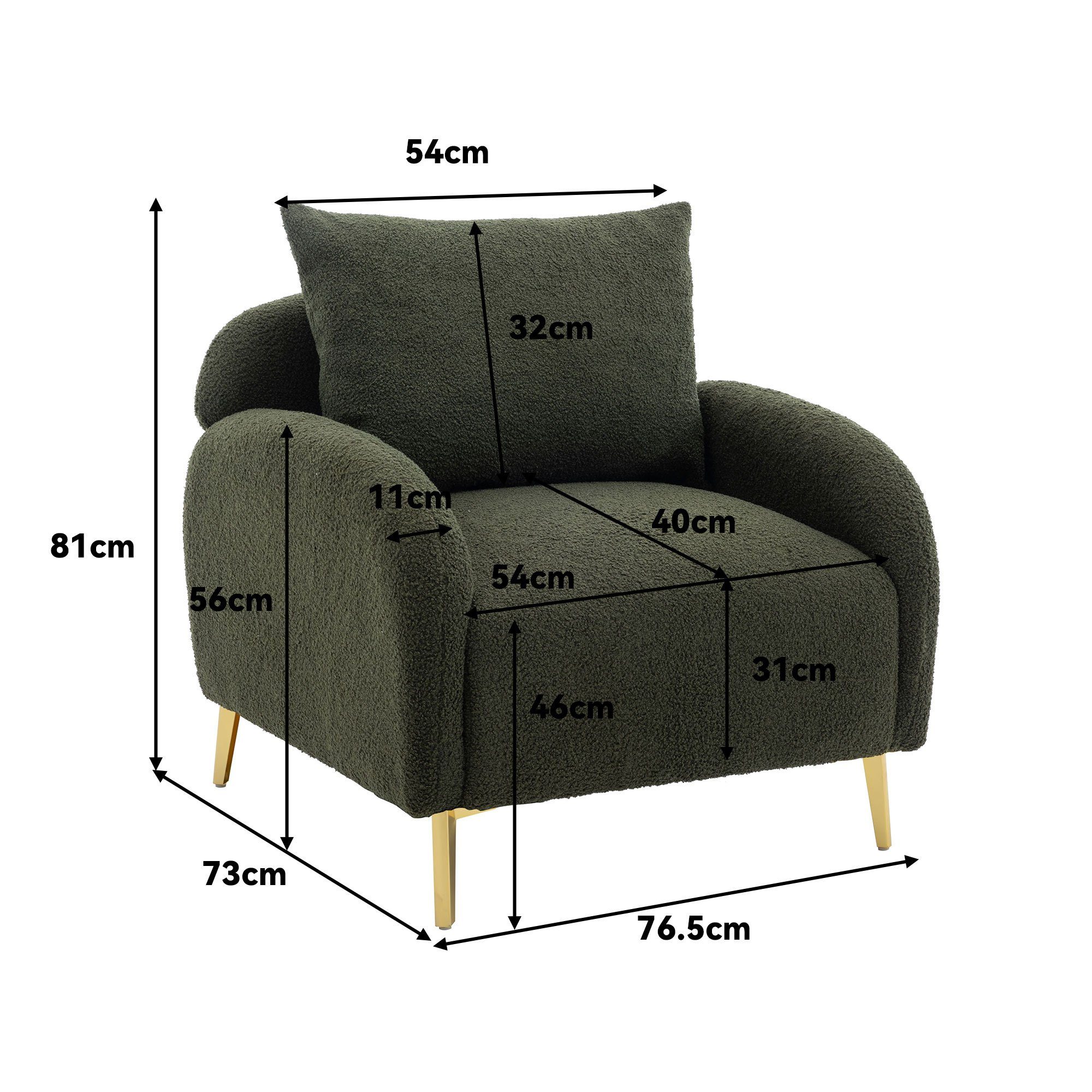 tiefer und Kissen (Moderner Polstersessel Sitzfläche extra schlichter Loungesessel Teddy-Samtstuhl, Sessel mit grün großer mit roségoldene Sofabeine), Einzelsessel und REDOM Armlehnensessel, Sitzfläche, breiter