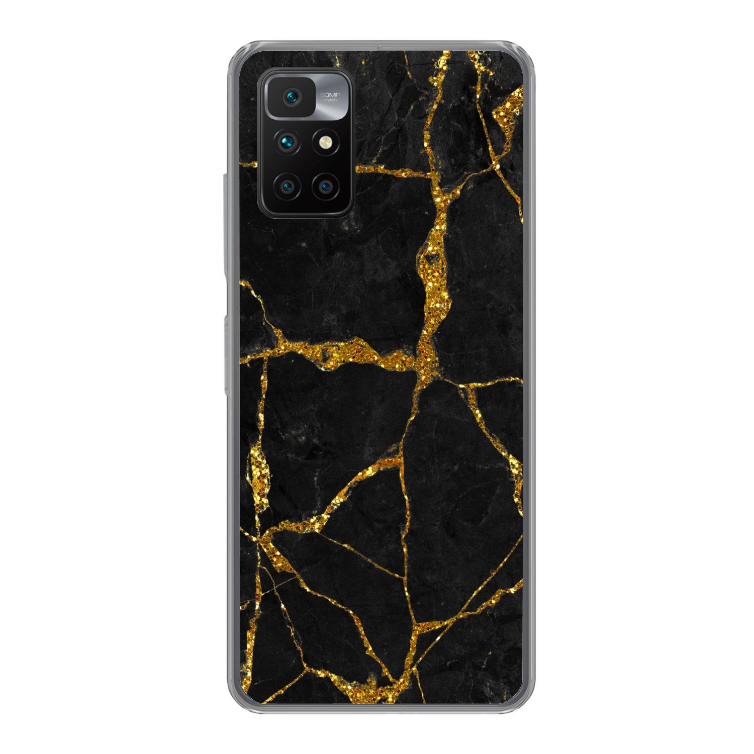 MuchoWow Handyhülle für Xiaomi Redmi 10 Marmor - Gold - Schwarz - Marmoroptik - Glitter, Phone Case, Silikon, Schutzhülle Dünn