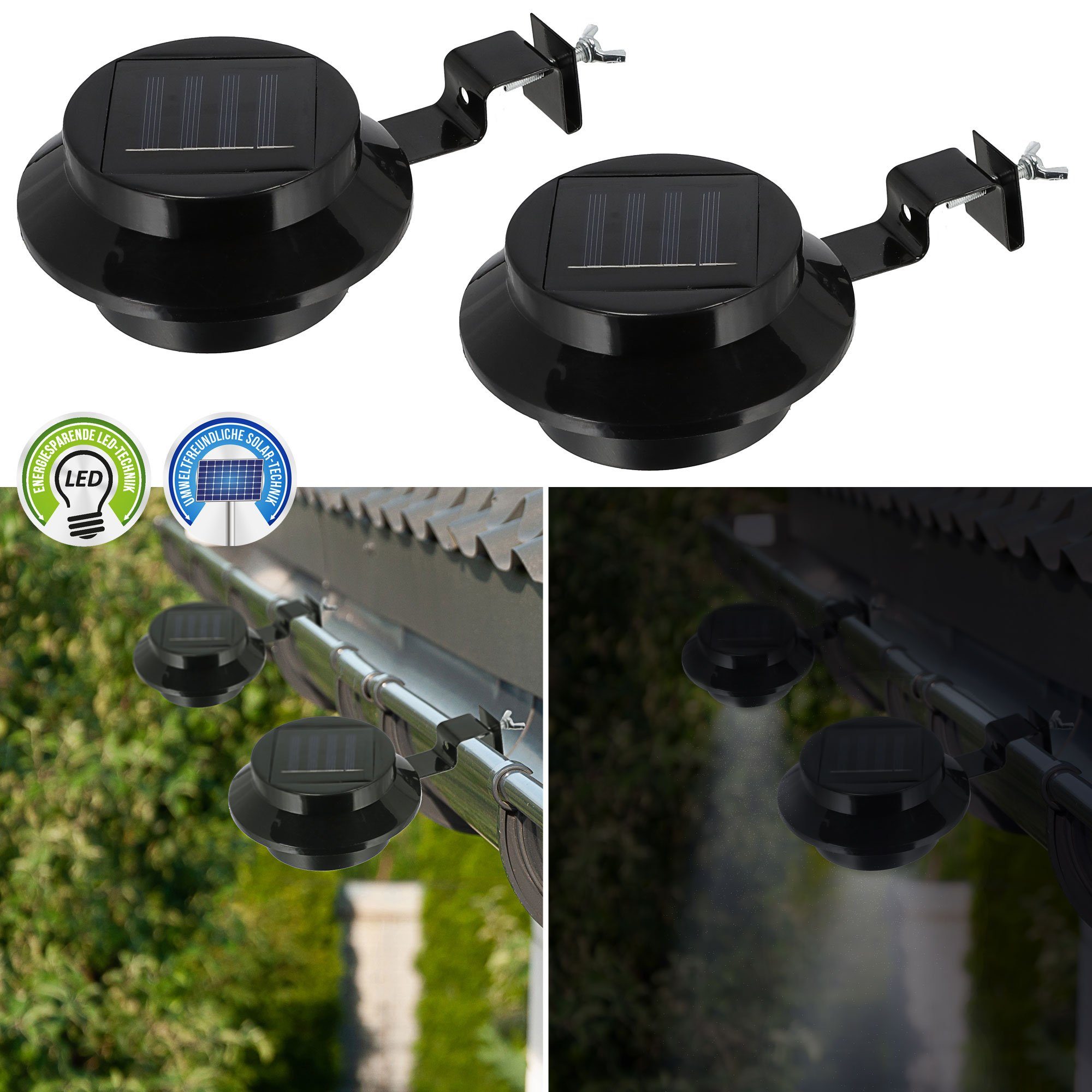 6 12 x 12 Solarlampe, Kunststoff, Schwarz Maße: Dachrinnenlampe Regenrinne cm helle integriert, LEDS, T LED 3 x fest B Kaltweiß, Licht Lampe Material: H Solar, LED Dachrinnen Gartenleuchte cm leistungsstarke HAC24 Eisen cm;