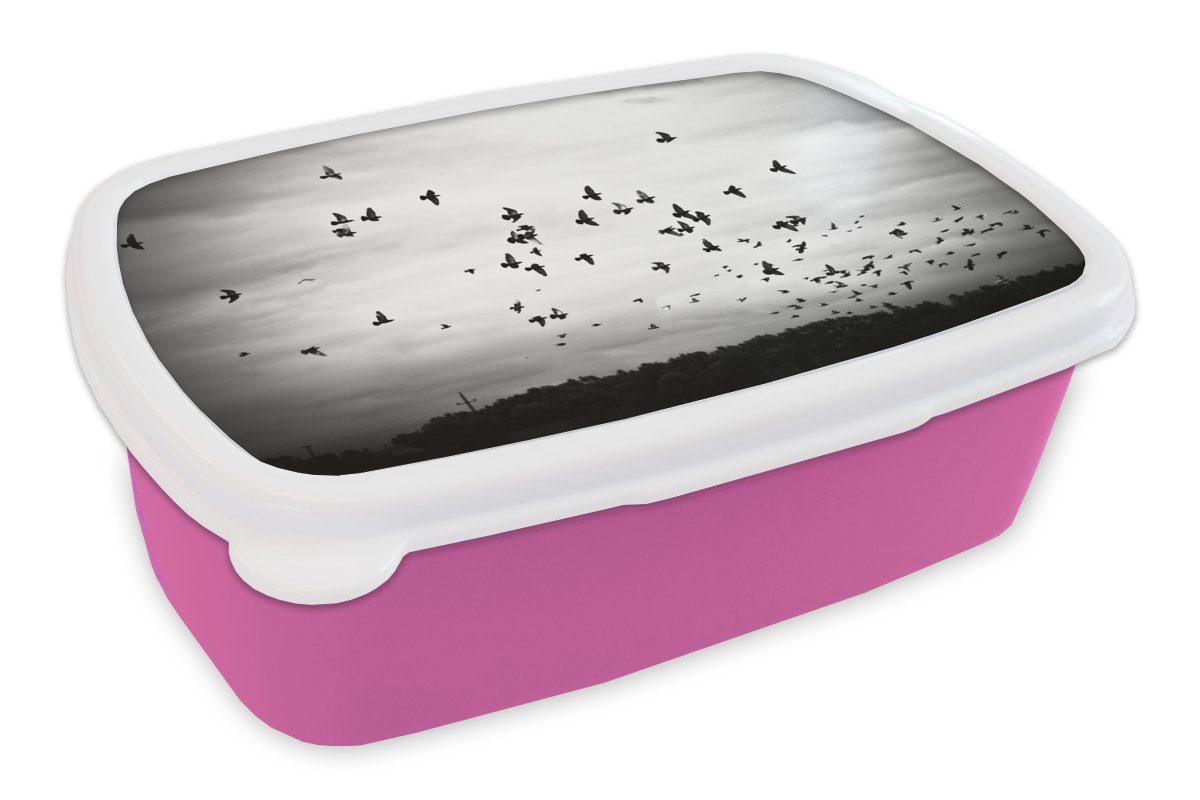 MuchoWow Lunchbox Tiere - Vögel - Wolken - Schwarz - Weiß, Kunststoff, (2-tlg), Brotbox für Erwachsene, Brotdose Kinder, Snackbox, Mädchen, Kunststoff rosa