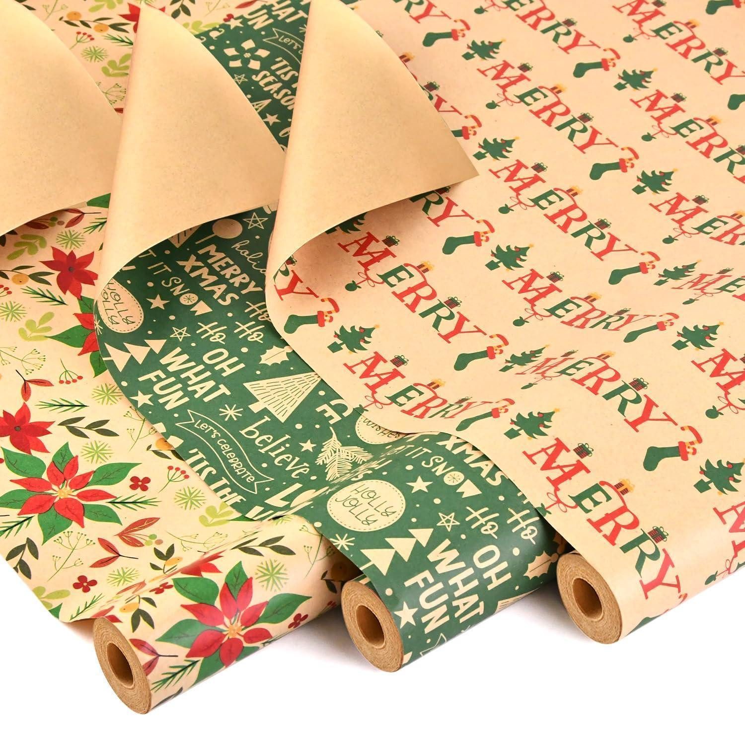 LuxusKollektion Geschenkpapier Geschenkpapier Weihnachten 3 Rollen 43x10m Kraftpapier