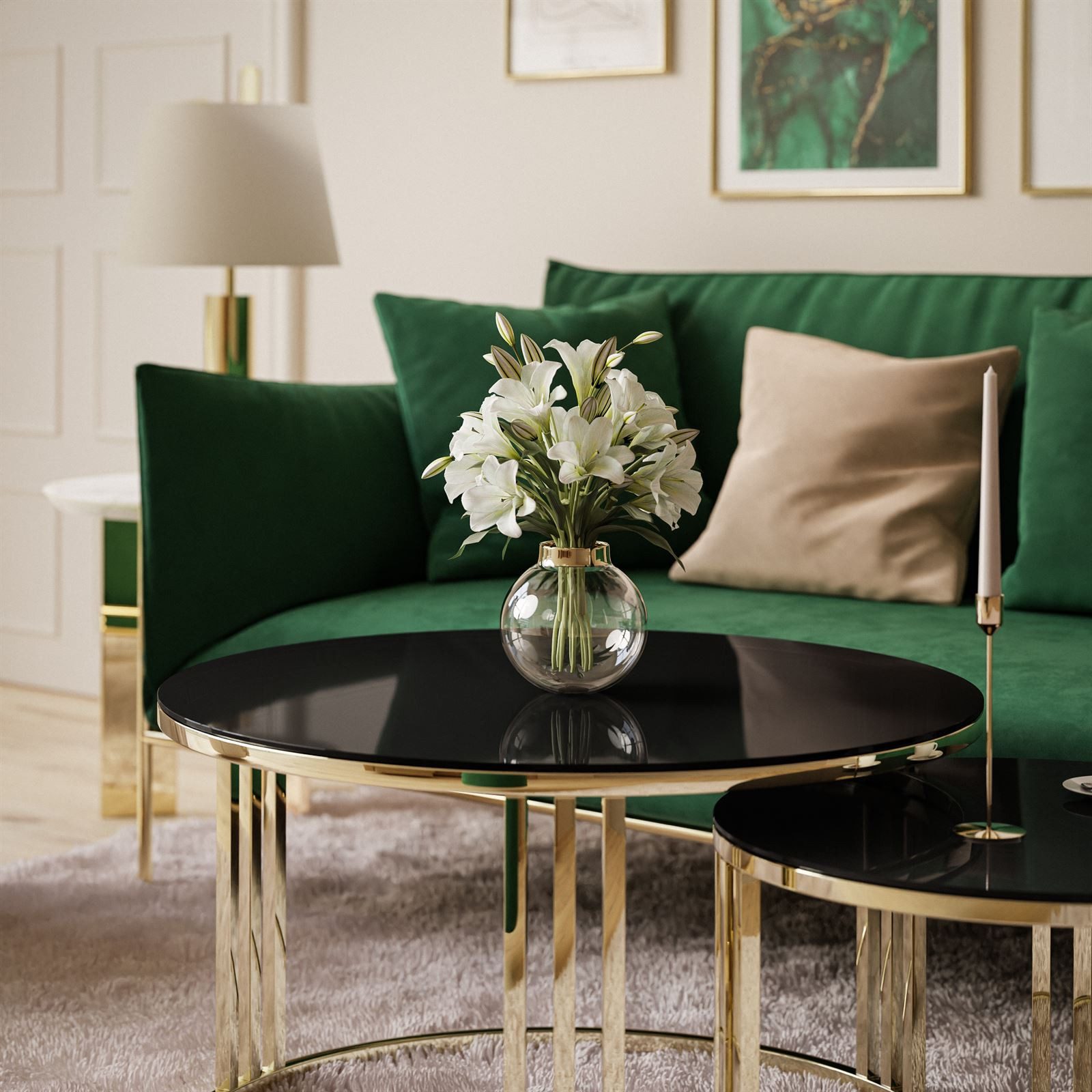 Lookway Couchtisch LORI 2in1 GLASS runder Couchtisch mit gold chrom Gestell (2er Set), Durchmesser: ⌀70 cm und ⌀50 cm,Höhe: 49 cm und 44 cm – Bild 3 von 5