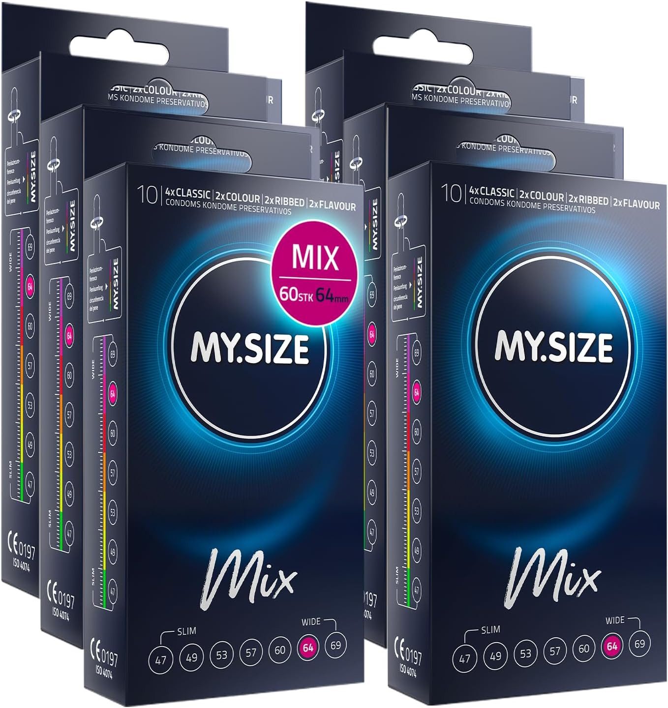 MY.SIZE Kondome Mix, gemischte Kondome in individueller Passform, blaue, rote mit Erdbeeraroma, gerippt, classic