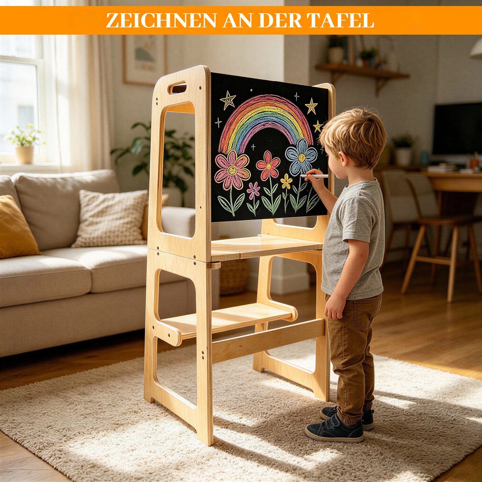 BlingBin Stehhilfe 3-in-1 Lernturm klappbar, verwandelbar in Schreibtisch und Stuhl (1er Set, 1 St), Beobachtungsturm mit Kreidetafel Für Kinder, für Küche Tisc – Bild 4 von 5