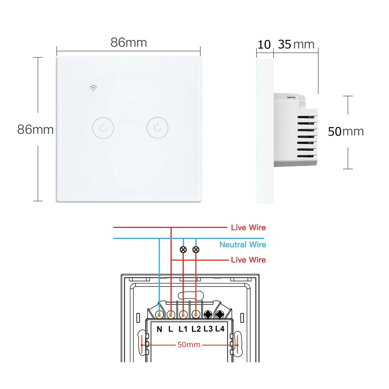 Bolwins Lichtschalter B00C WiFi Intelligent Touchschalter Home Wandschalter Lichtschalter (Packung, 1-St., 2 Gang), App-Fernbedienung, Sprachsteuerung, Touch-Panel, Timer-Funktion