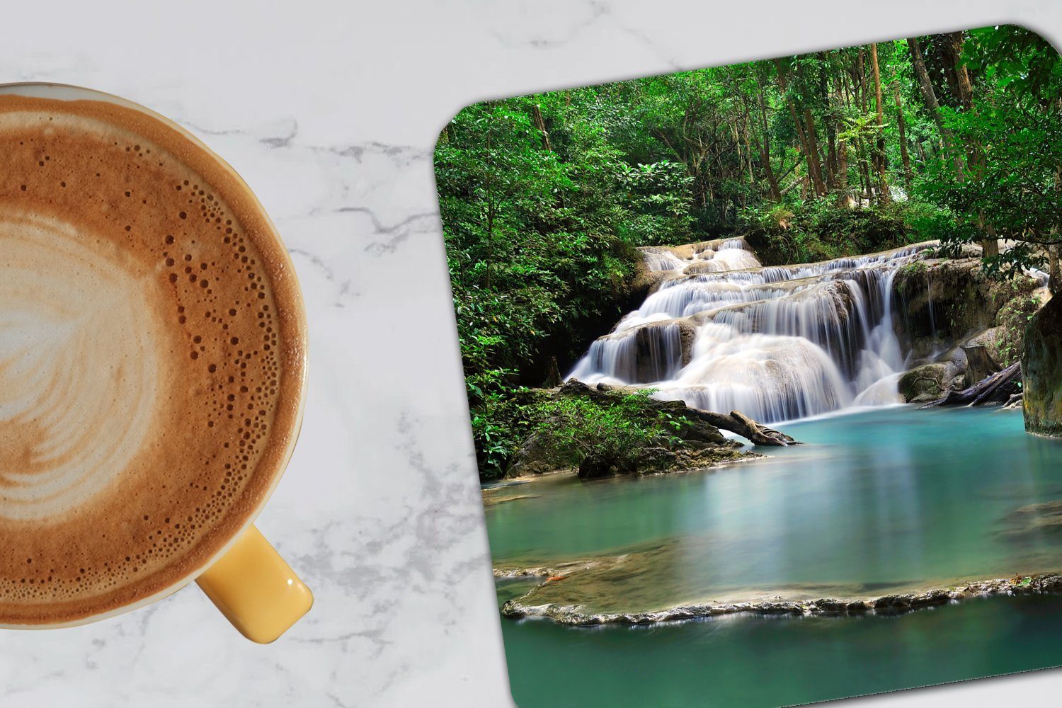 Tasse Korkuntersetzer, Untersetzer, 6-tlg., MuchoWow Bäumen in mit Wasserfall Ein für Glasuntersetzer im Gläser, Thailand, Erawan-Nationalpark Tischuntersetzer, Glasuntersetzer, Zubehör