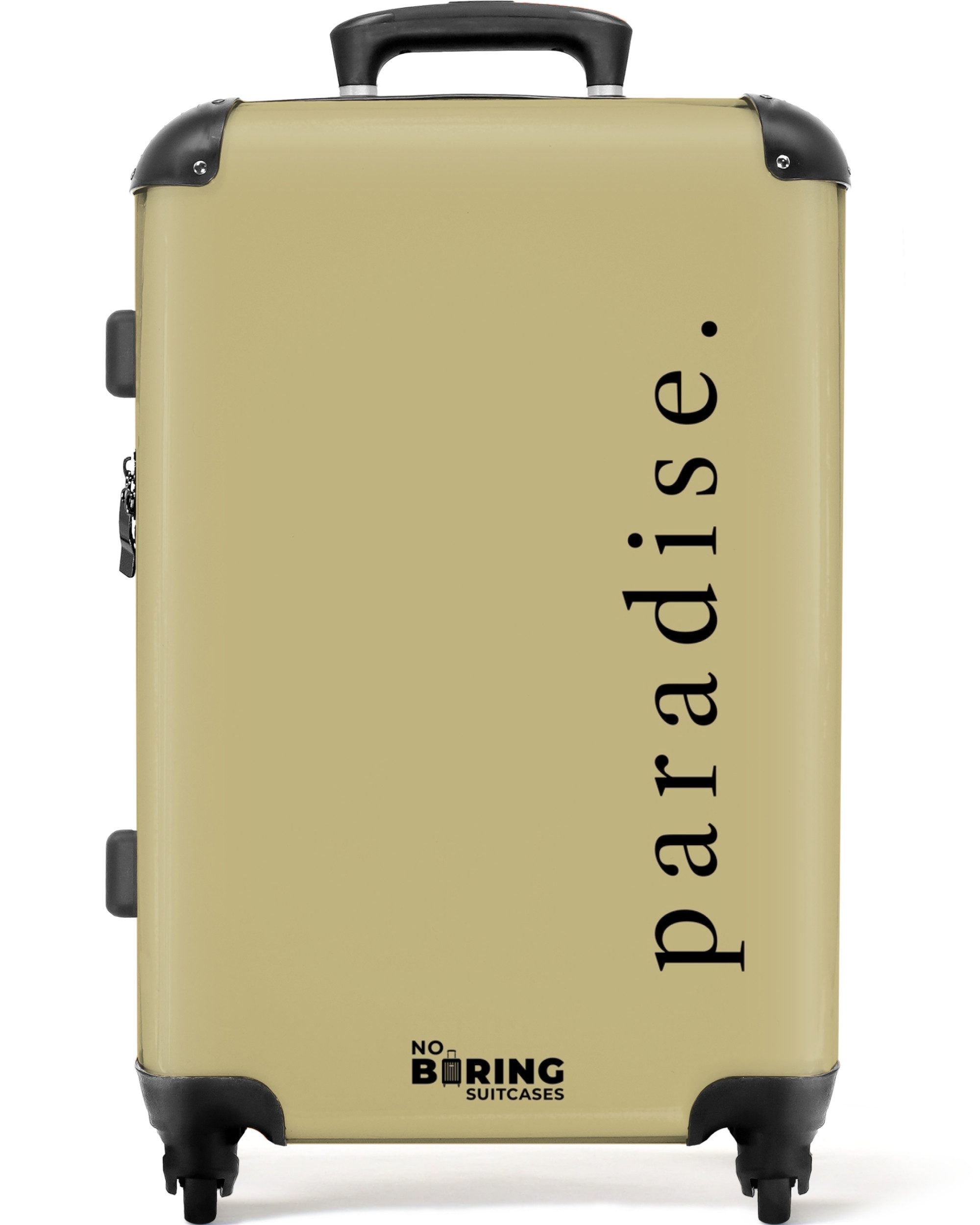 NoBoringSuitcases.com© Hartschalen-Trolley Grün mit Zitat 'Paradies' günstig online kaufen