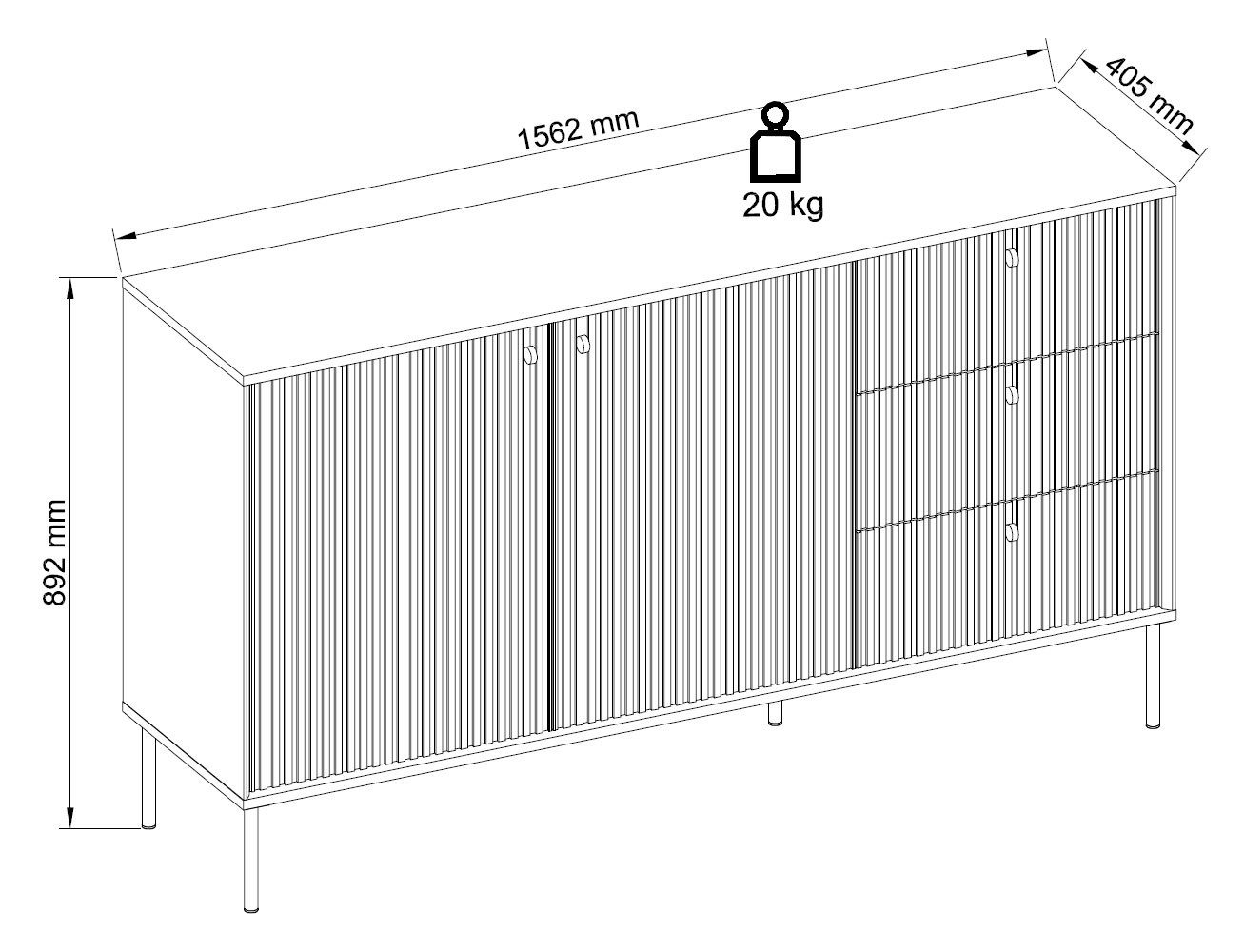 Feldmann-Wohnen Kombikommode Iris (links 2-türig dahinter 1 Einlegeboden, rechts 3 Schubladen, 1 St., moderne Optik, gerillte Fronten, Soft-Close, Griffe & Füße aus Metall), 156,2x40,5x89,2cm grau