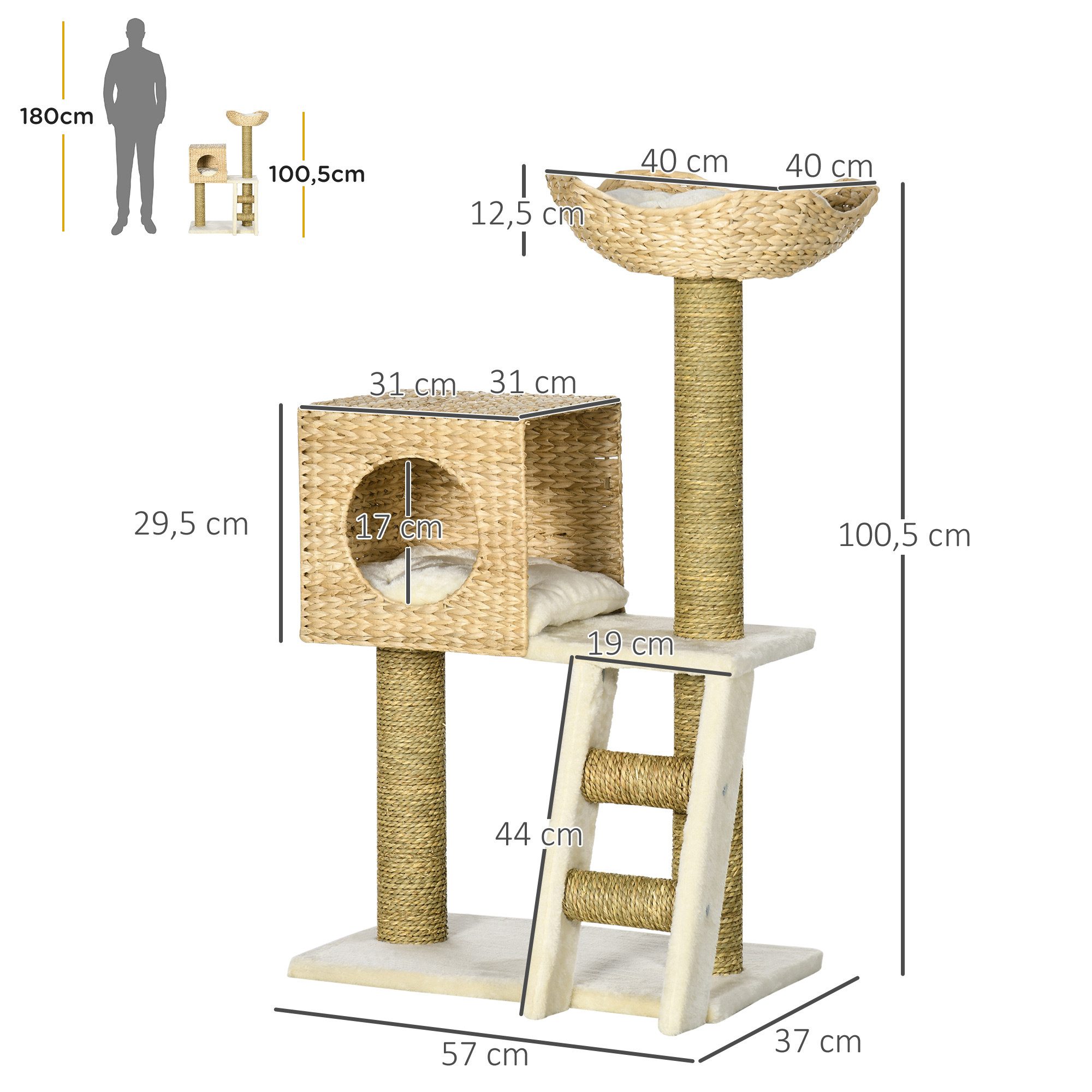 PawHut Kratzbaum 100,5 cm Katzenbaum mit Katzenhöhle, Bett, Treppe, für Katzen bis 4,5 kg, Natur