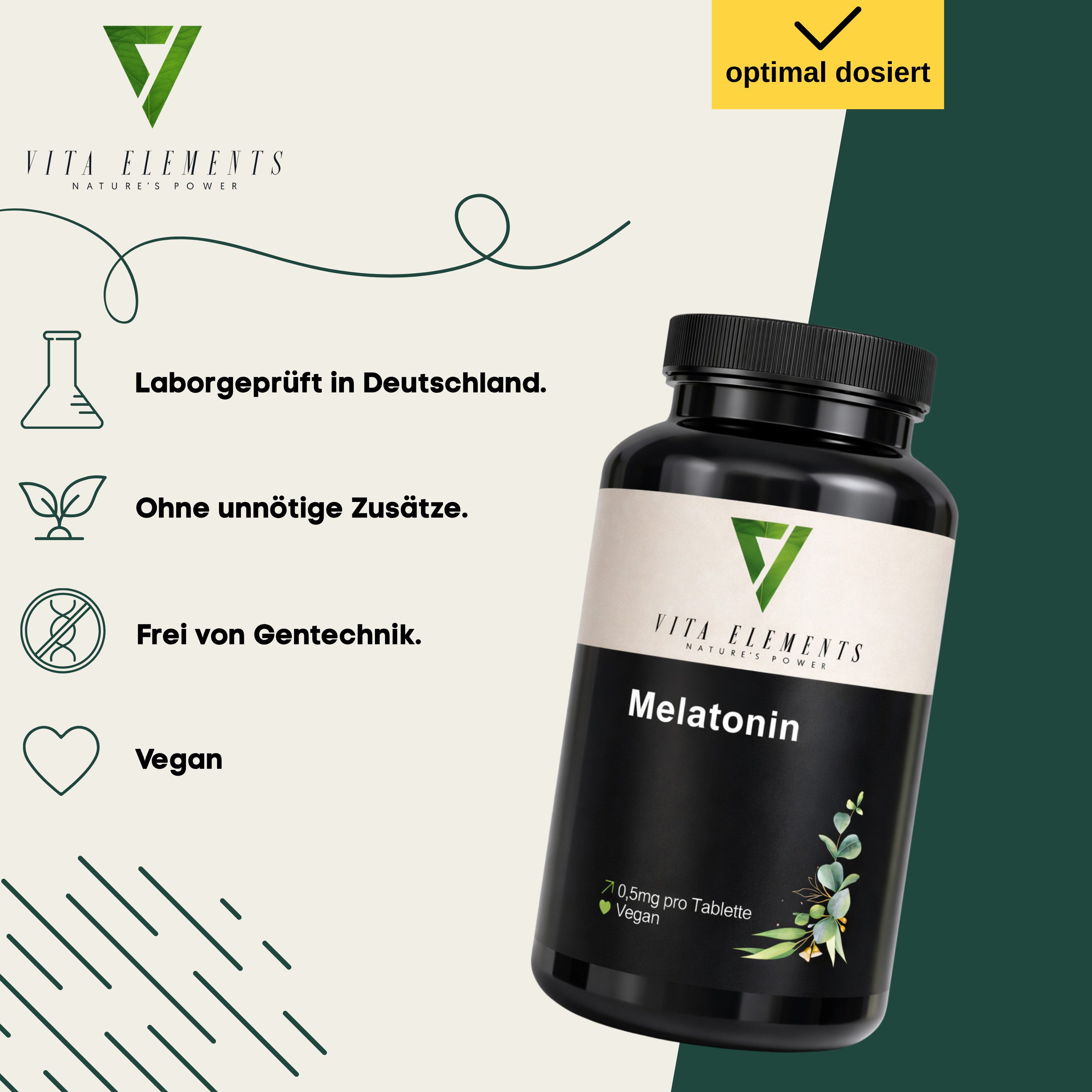 Vita Elements Melatonin Tabletten, 365 St., Vegan Frei von Gentechnik Ohne unnötige Zusätze Laborgeprüft