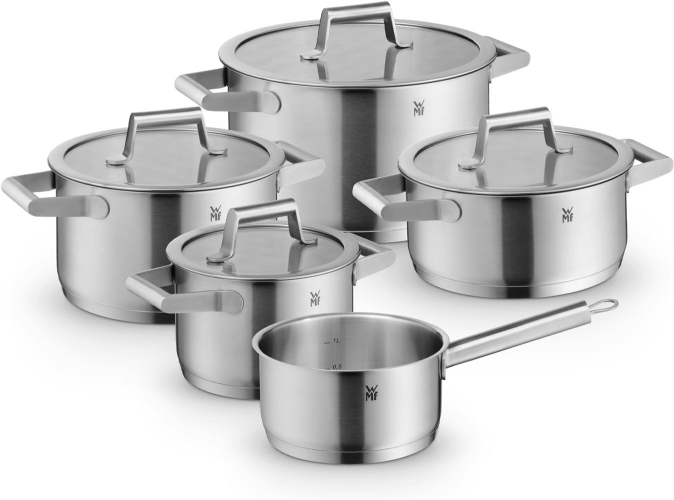 WMF Topf-Set Comfort Line Induktion, Kochtopf Set mit Glasdeckel, mattiert, Cromargan® Edelstahl Rostfrei 18/10 (Set, 5-tlg., 3x Fleischtopf Ø /16/20/24cm, 1 Bratentopf Ø 20cm, 1 Kasserolle Ø16 cm), Töpfe Set stapelbar, für alle Herdarten geeignet, mit In