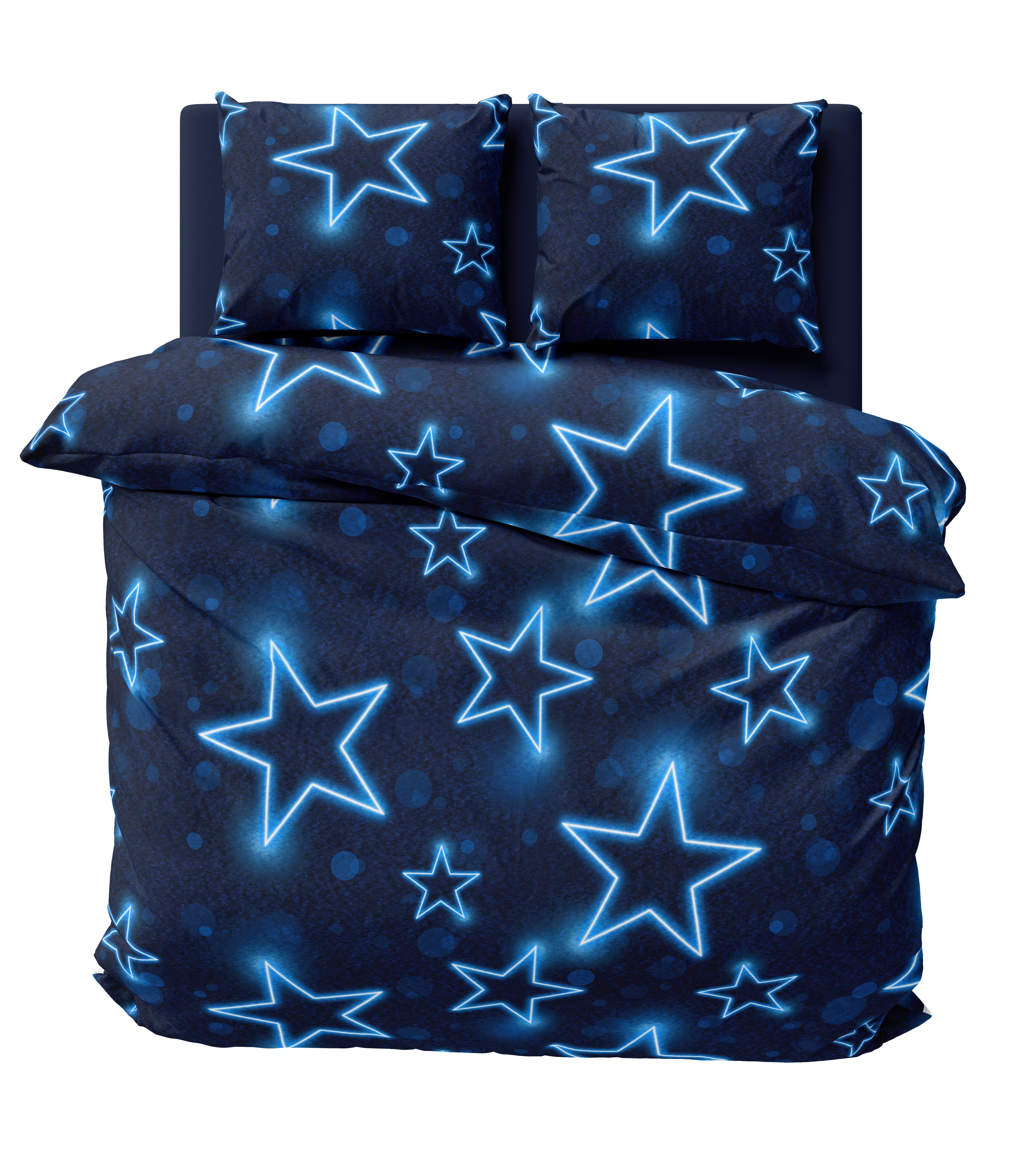 Bettwäsche Sterne, One Home, Fleece, 3 teilig, leuchtoptik, kuschelig flauschig warm weich Winter Doppelbett