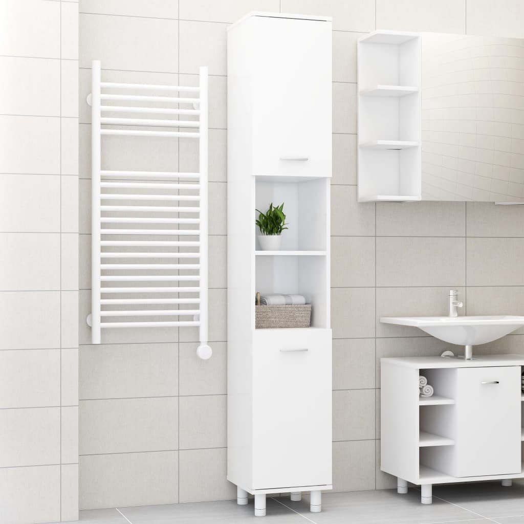 vidaXL Badezimmer-Set Badezimmerschrank Hochglanz-Weiß 30x30x179 cm Holzwerkstoff, (1-St)