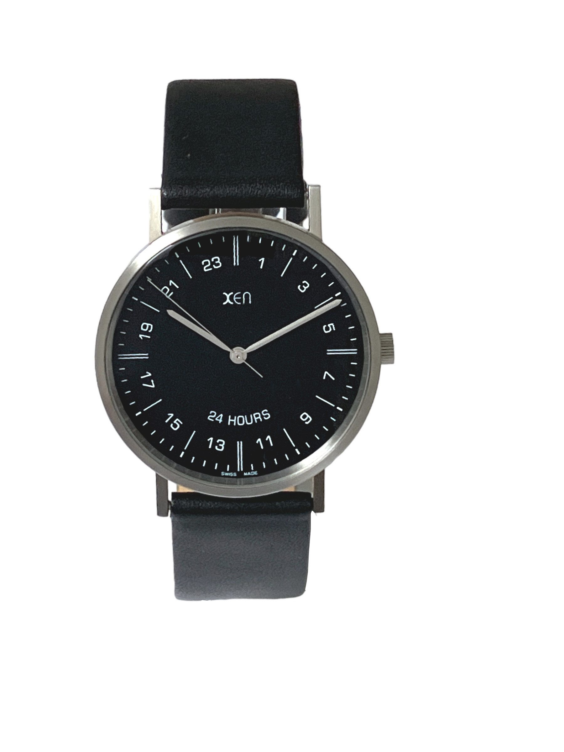 XEN Quarzuhr Herren Edelstahl Schwarz Lederband 24.Std-Anzeige 5 Bar XQ0043, Gehäuseboden gedrückt