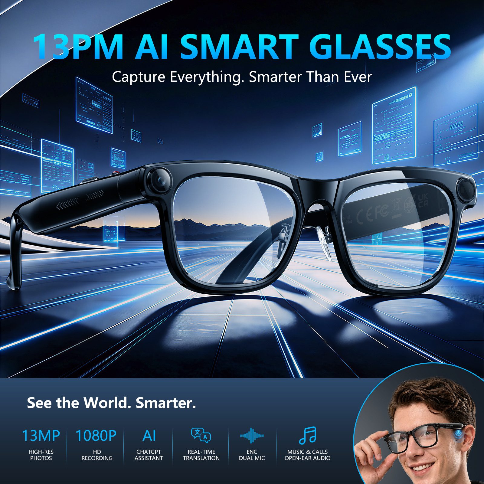 KAIGEER LED-Brille AI Smart Glasses mit 13MP Kamera, Echtzeitübersetzung, Sprachassistent (Videobrillen, 1-St., ideal für Alltag & Reisen) IPX4, Open Ear Audio, Wechselgläser,KI Smart Glasses für Männer Frauen