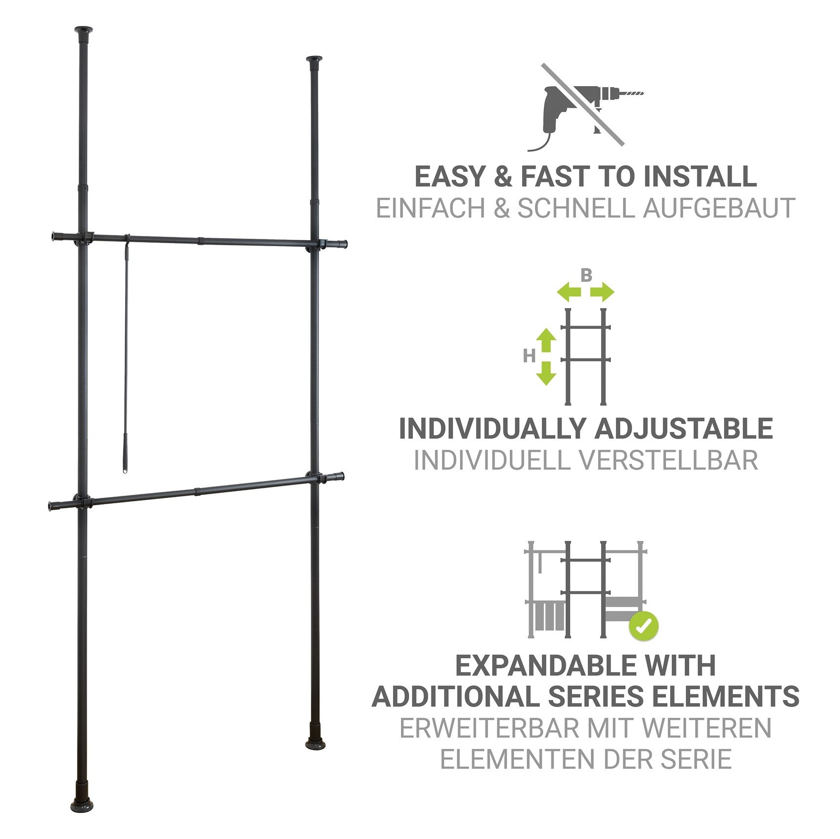 WENKO Teleskopregal Modell Herkules Basic, Kleiderstangen zum Klemmen ohne Bohren, verstellbar in Höhe & Breite