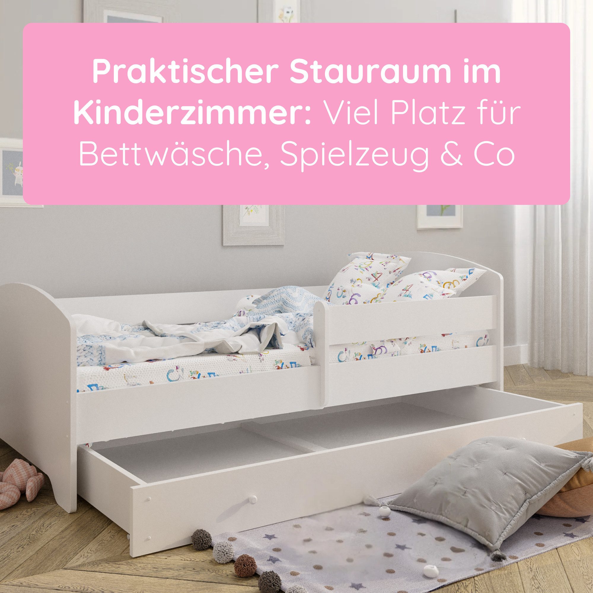 Kids Collective Kinderbett 70x140 / 80x160 cm Komplettset mit Matratze & Schublade (Bett für Jungen und Mädchen, Einzelbett für Kinder von 2 - 10 Jahren), komplettes Set mit Prinzessin Motiv für Jungen und Mädchen 70x140 cm