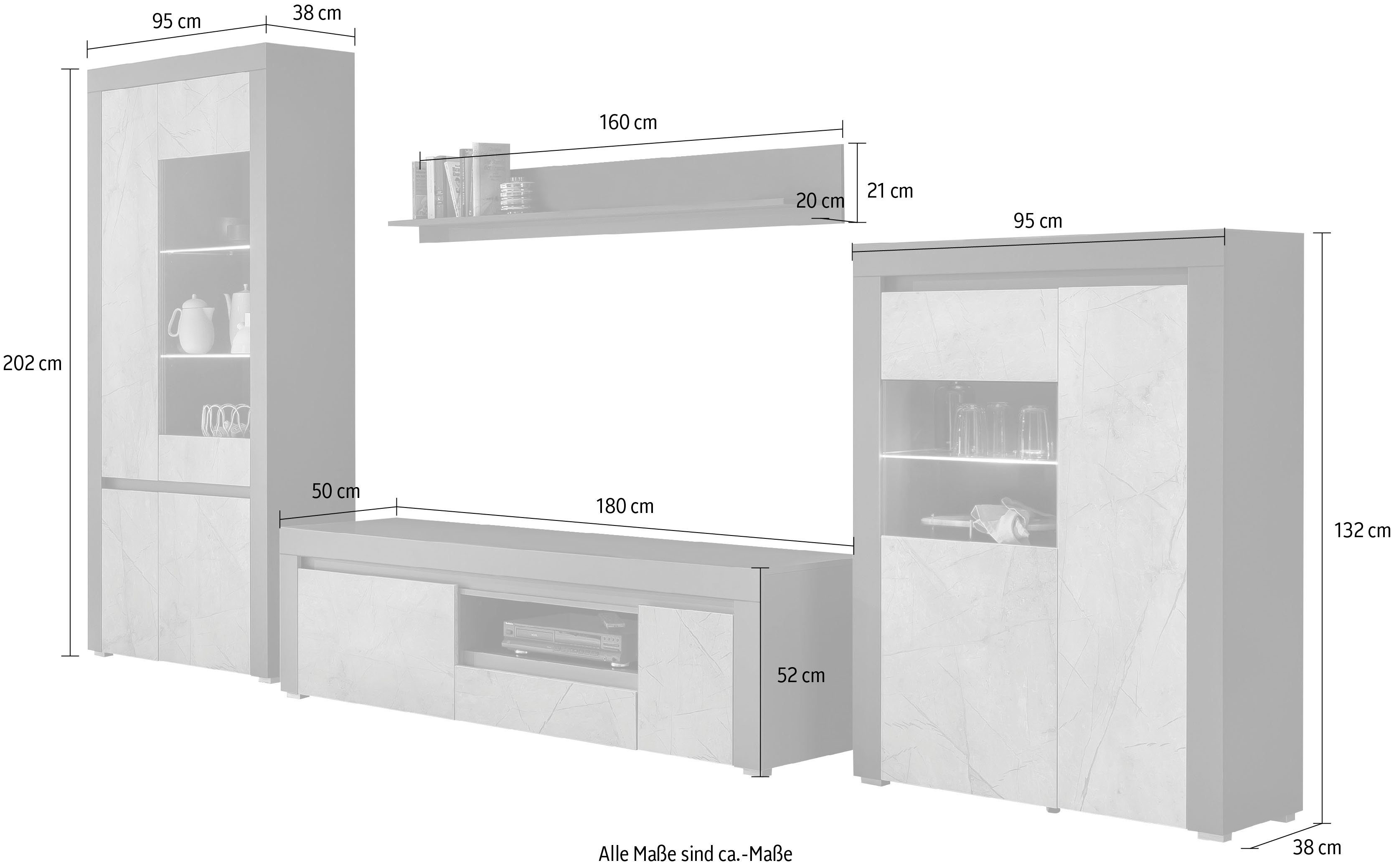 Home affaire Design, aus Marble, Stone 390 vier Möbelstücken, bestehend cm Wohnwand Breite grifflosen (4-St), in