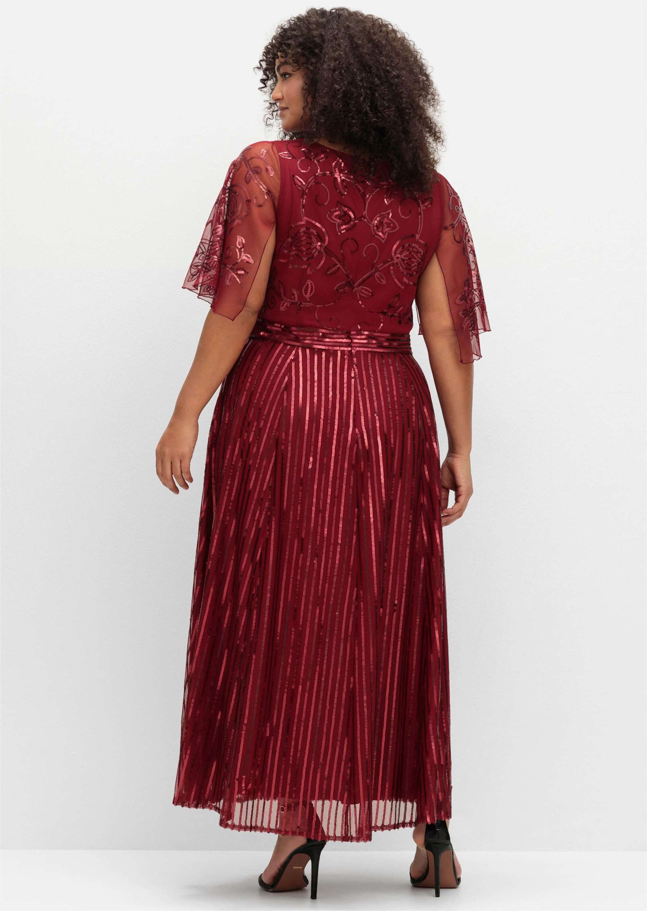 Sheego Etuikleid Abendkleid Kurzarm mit Pailletten und Meshrock