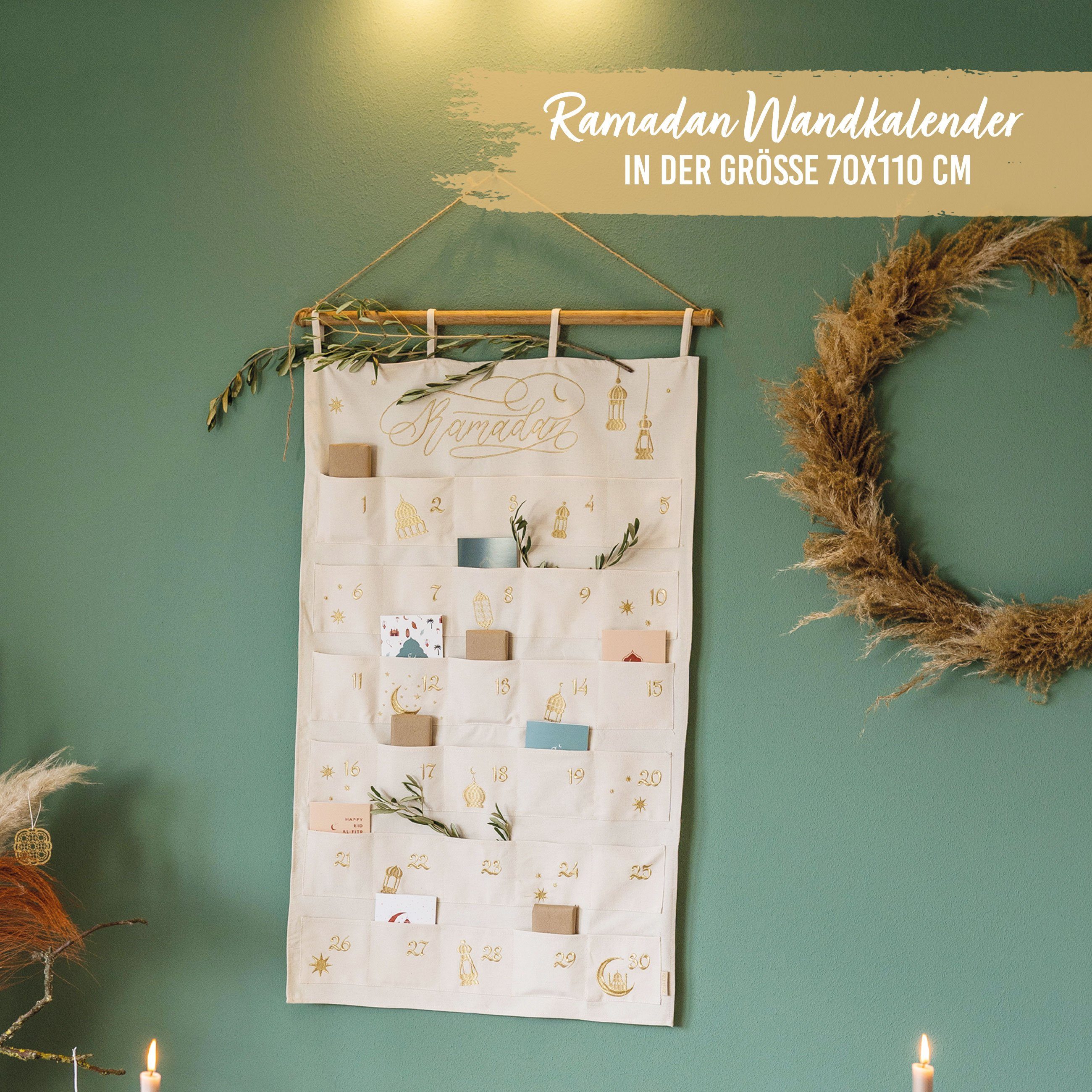 PAPIERDRACHEN Wandkalender Ramadankalender 2024 als Wandkalender aus Stoff zum Befüllen, beige & gold - hochwertig bestickt - wiederverwendbar