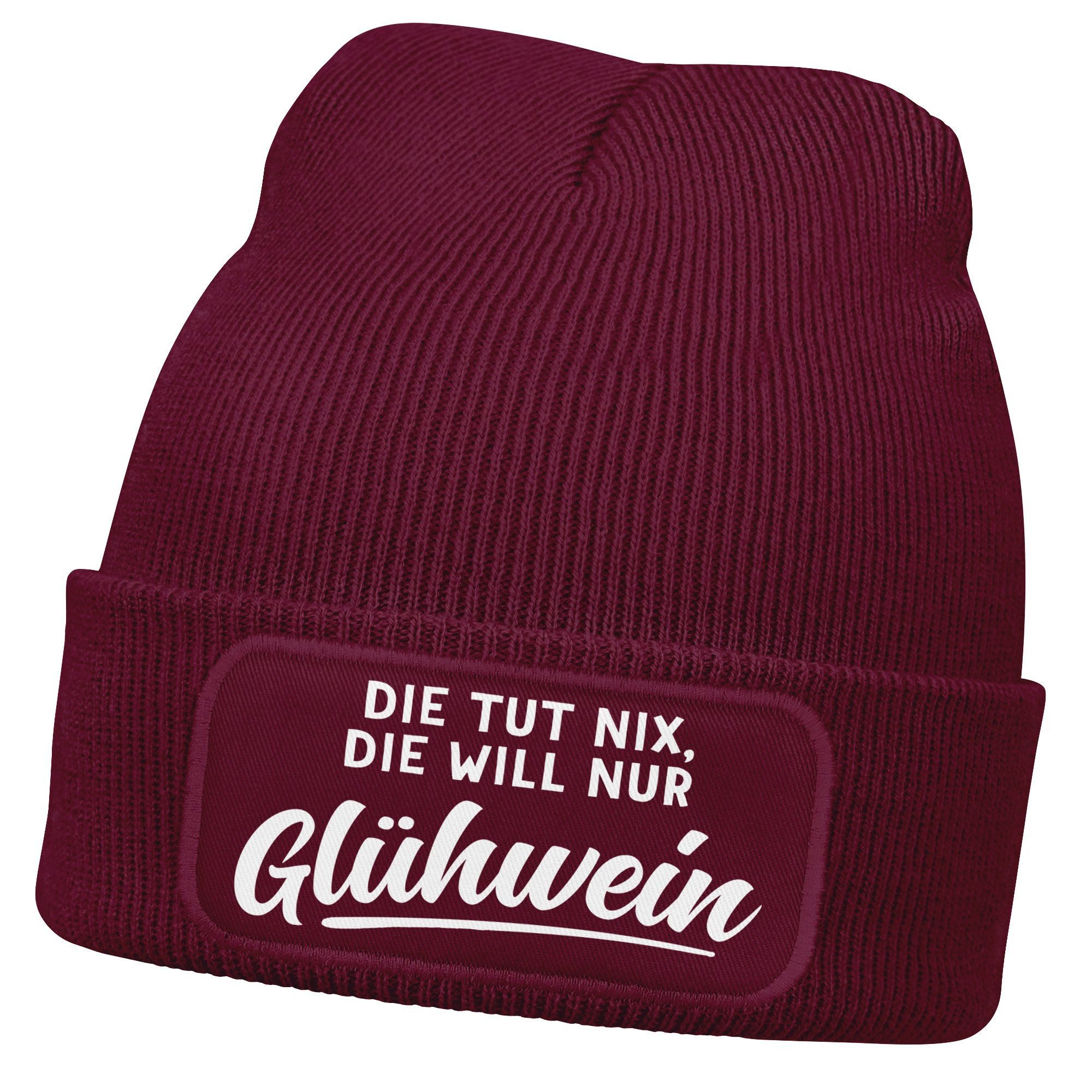 Strickmütze Damen Beanie mit Patch Strickmütze mit Spruch Glühwein Aufdruck