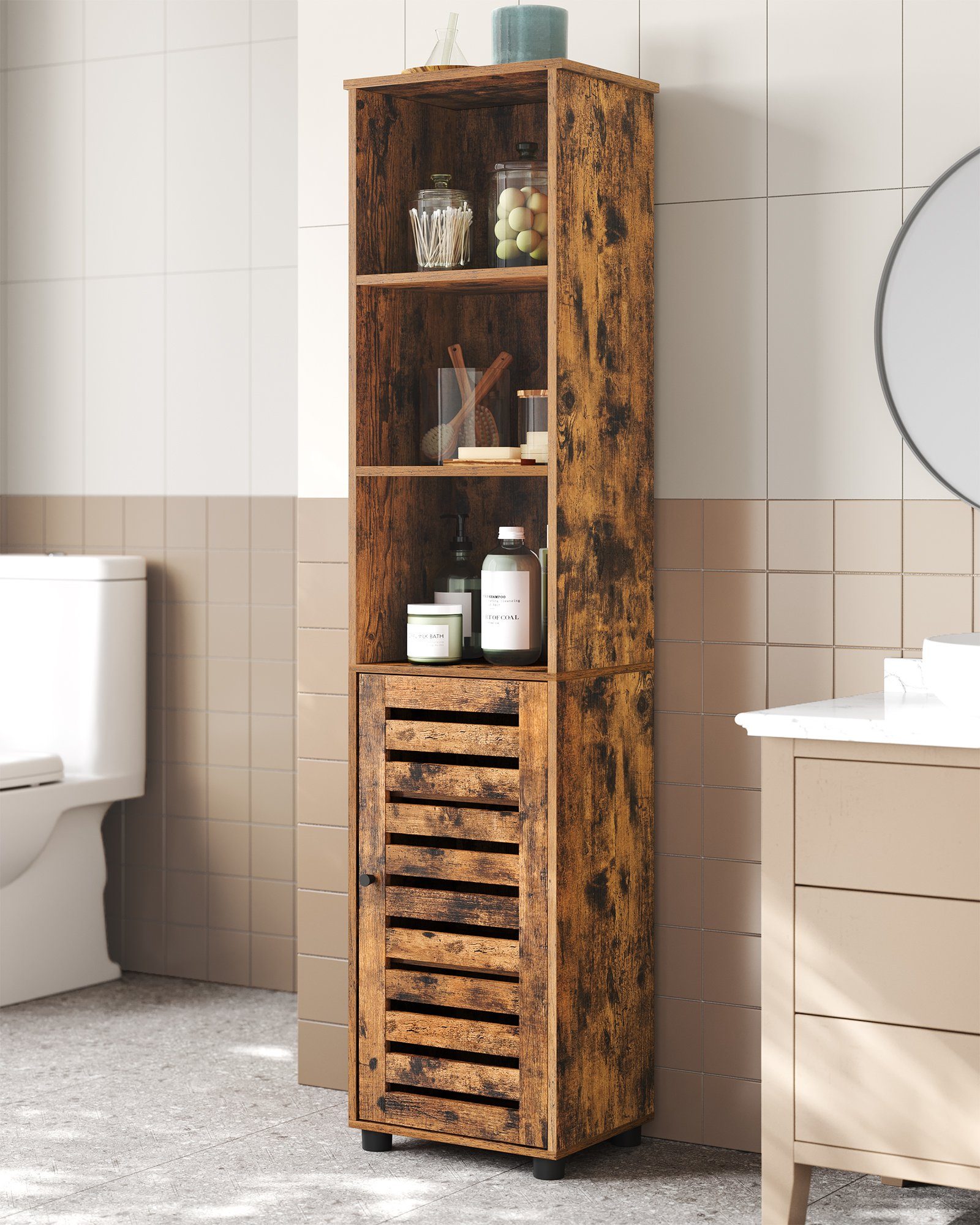 VASAGLE Badkommode Hochschrank fürs Badezimmer, Hoher Badezimmerschrank, Badregal stehend, mit 3 offenen Fächern, mit 2 verstellbaren Einlegeböden