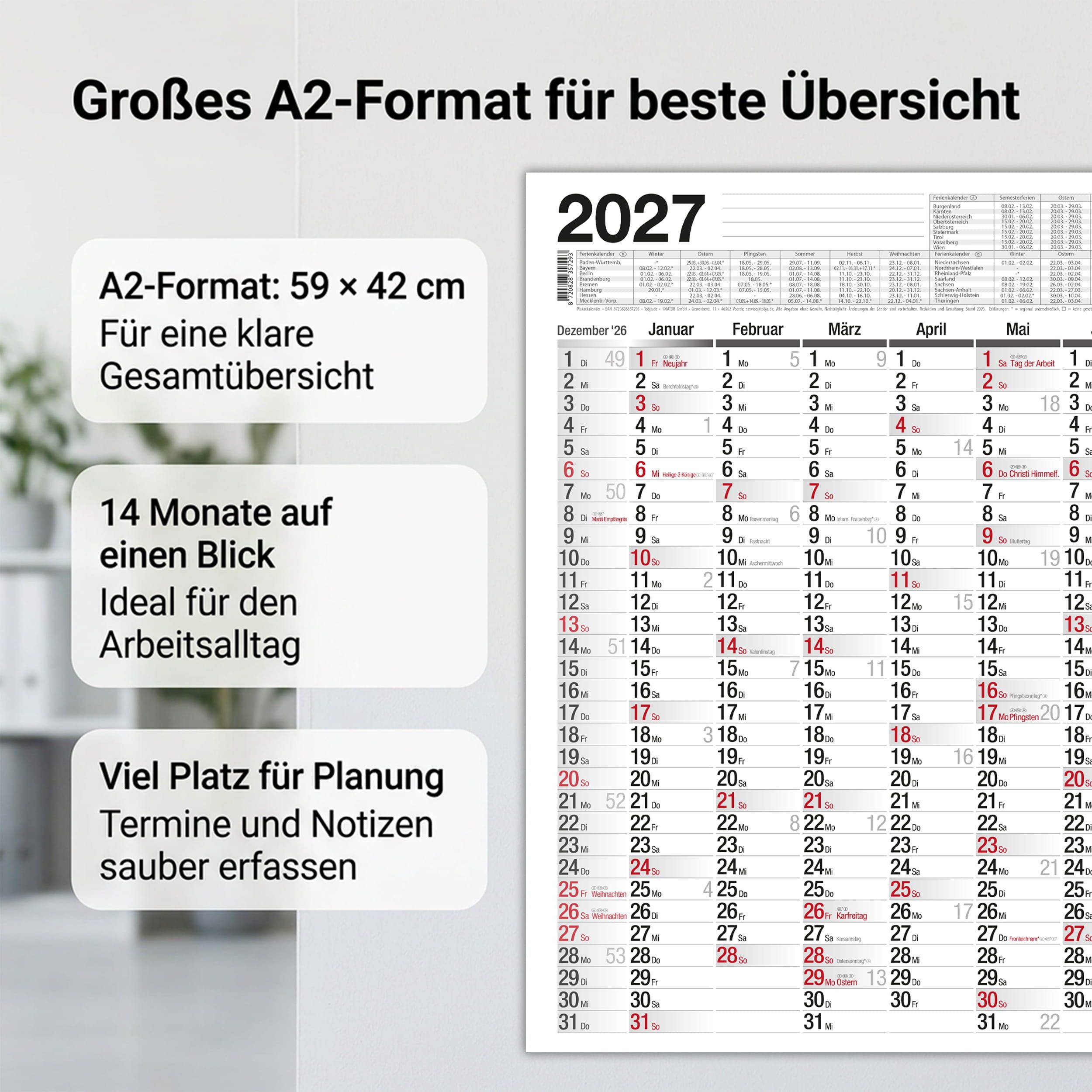 TOBJA Wandkalender Wandkalender 2027 A2 Standard 14 Monate – Jahresplaner quer, 14 Monate, Schulferien DE, KW, Rückseite Jahresplanung – Bild 4 von 5