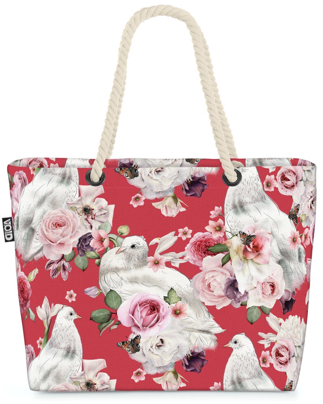 VOID Strandtasche (1-tlg), Tauben Rosen Romantik Beach Bag Blumen-Muster Vögel Floral Rosen-Blüten geblümt