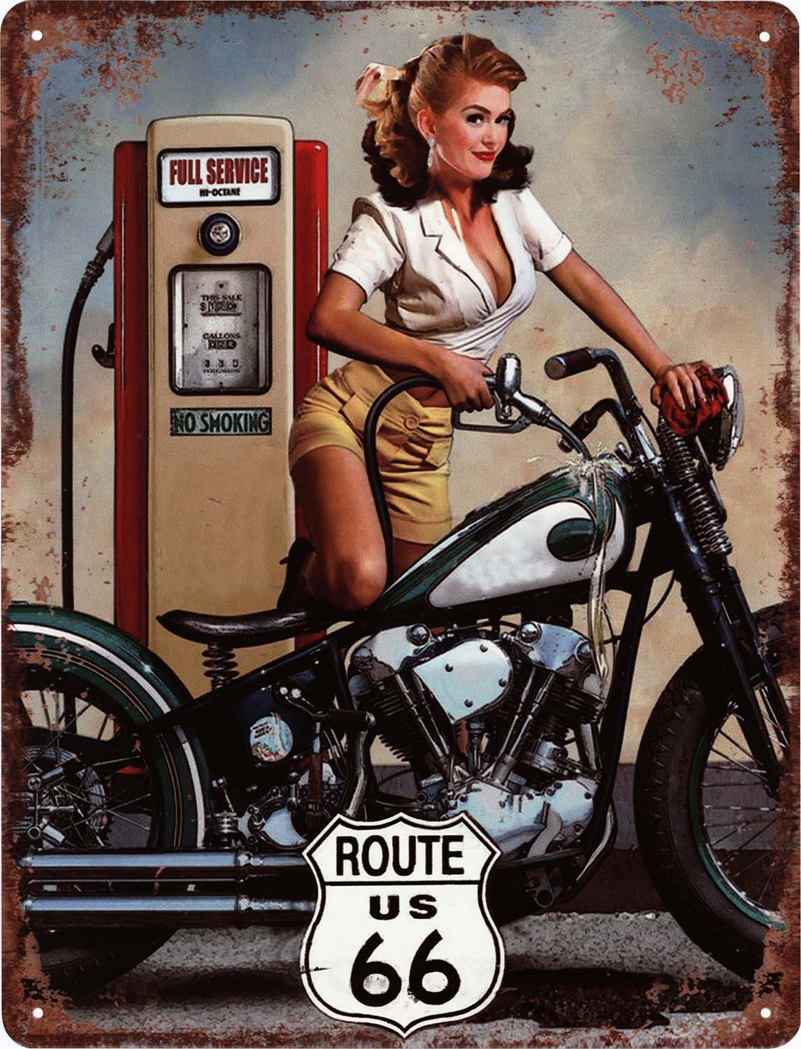 Moritz Metallschild Blechschild Route 66 US Zapfsäule, (Einzeln), 25 x 33 cm Vintage Retro Deko Schild Metallschild Wandbild Schild