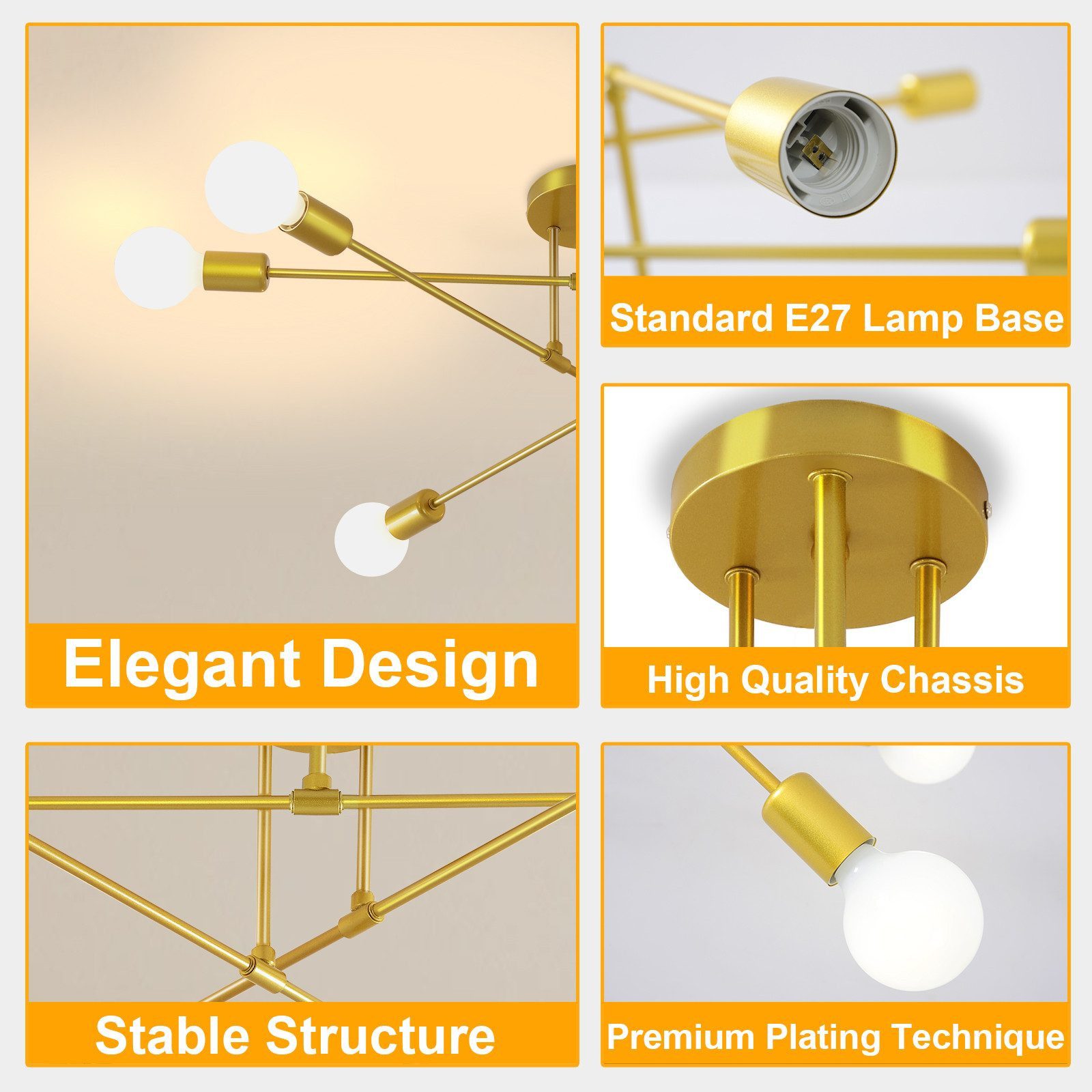 Ophy Kronleuchter Sputnik Kronleuchter, 6‑flammig, Vintage Deckenlampe aus Metall (E27), ohne Leuchtmittel, halbbündige Deckenbeleuchtung, für Esszimmer, Schlafzimmer & Wohnzimmer