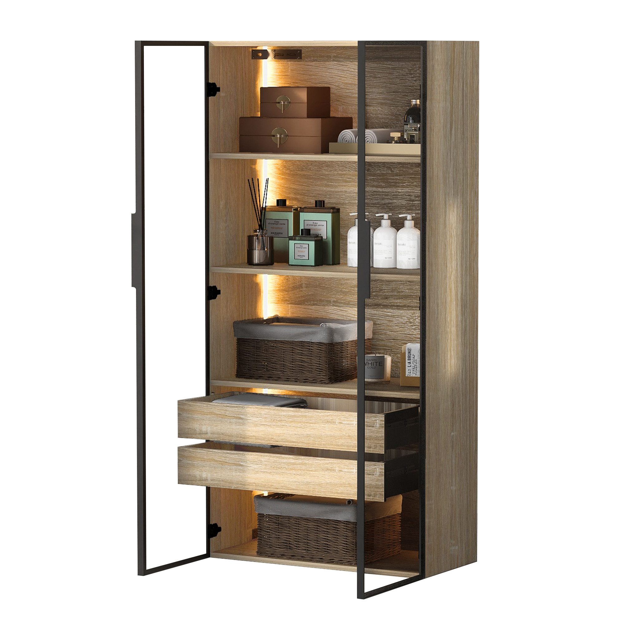 HT Mehrzweckschrank mit 2 großen Schubladen und 2 Glastür, 74 x 36 x 155cm Badezimmerschrank mit Lichtleiste