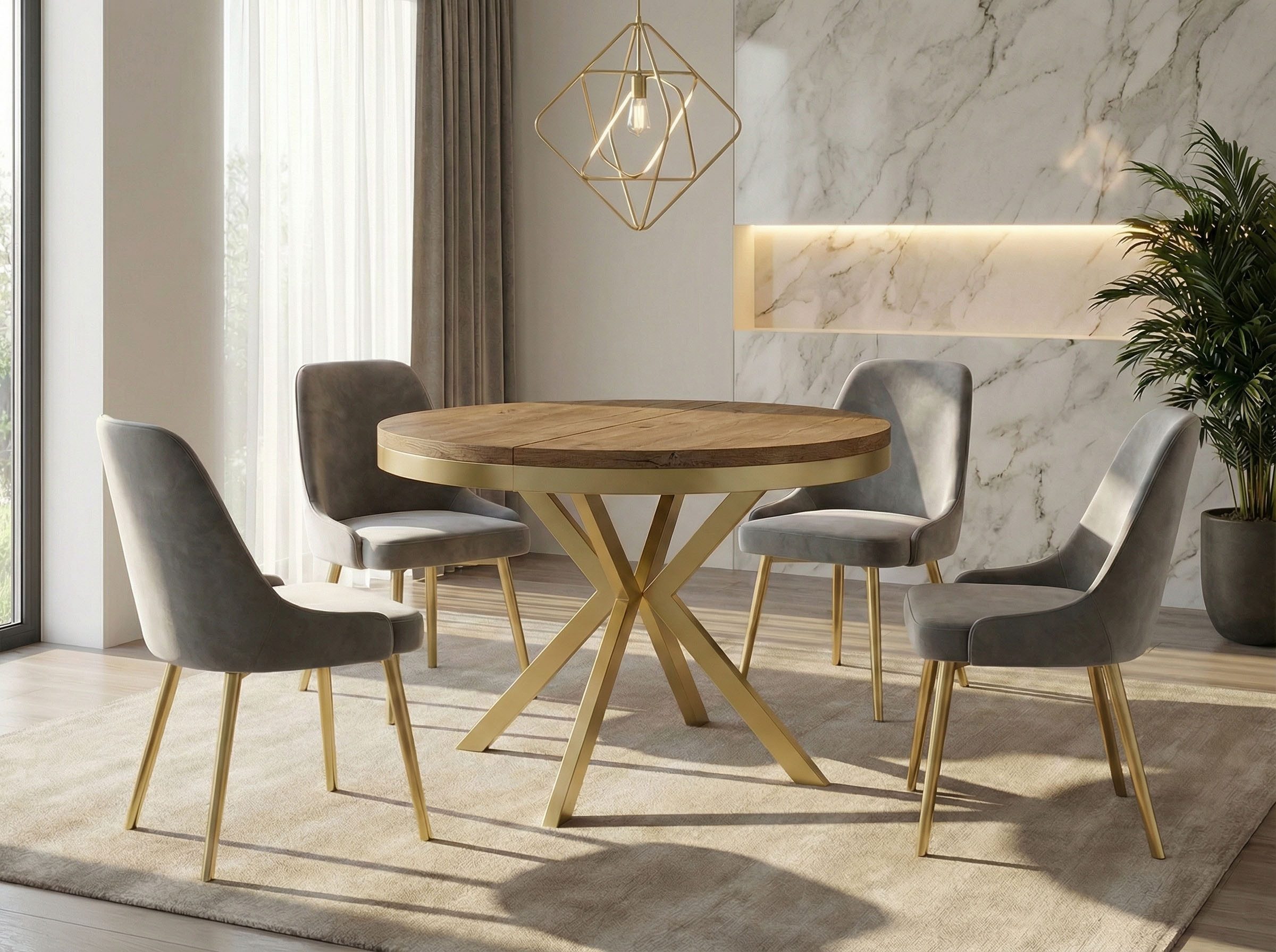 WFL GROUP Esstisch Dina ausziehbar rund industrial mit goldenen Metallbeinen (MADE IN EU, erhältlich in 3 Größen – 90/100/120 cm ausziehbar auf 170/180/200 cm), platzsparender Tisch in Holzoptik für Küche, Esszimmer oder Wohnzimmer