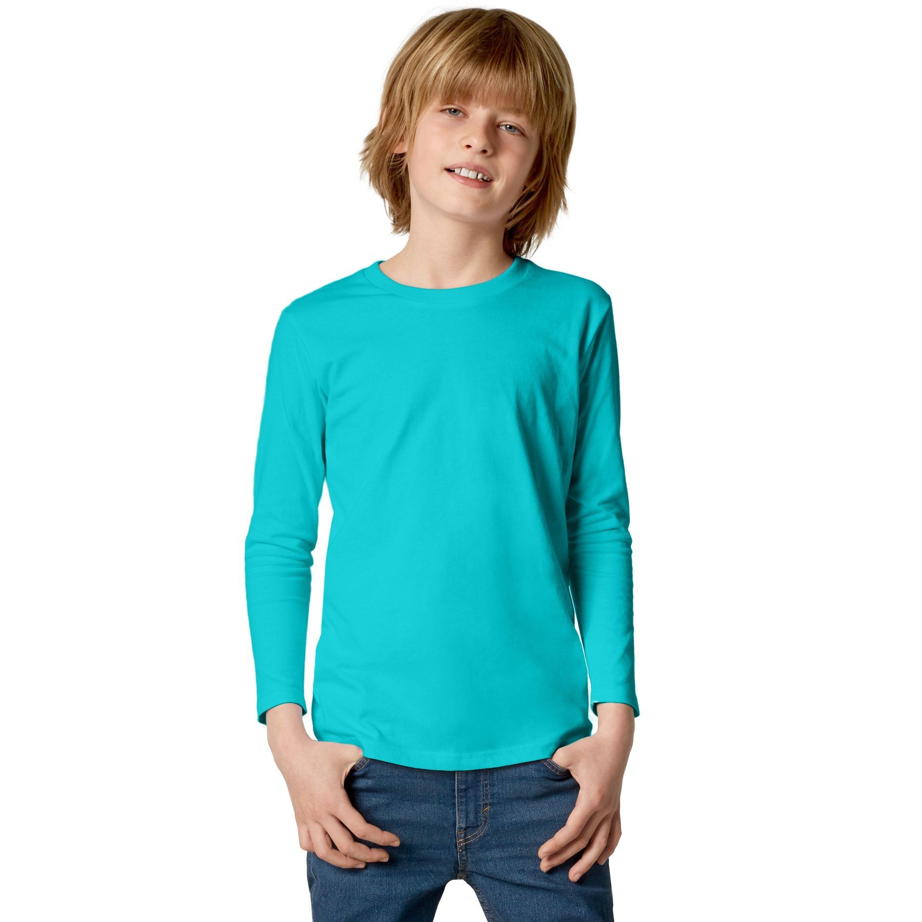 dressforfun Longsleeve Langarmtop, Für viele Outfits & Auftritte, Rundhals mit (Freizeitoberteil, Konfektionsgröße 128 (8-10 Jahre) in türkis) Einfarbiges Langarm-Shirt für Kinder, Fester Stoff, hoher Tragekomfort
