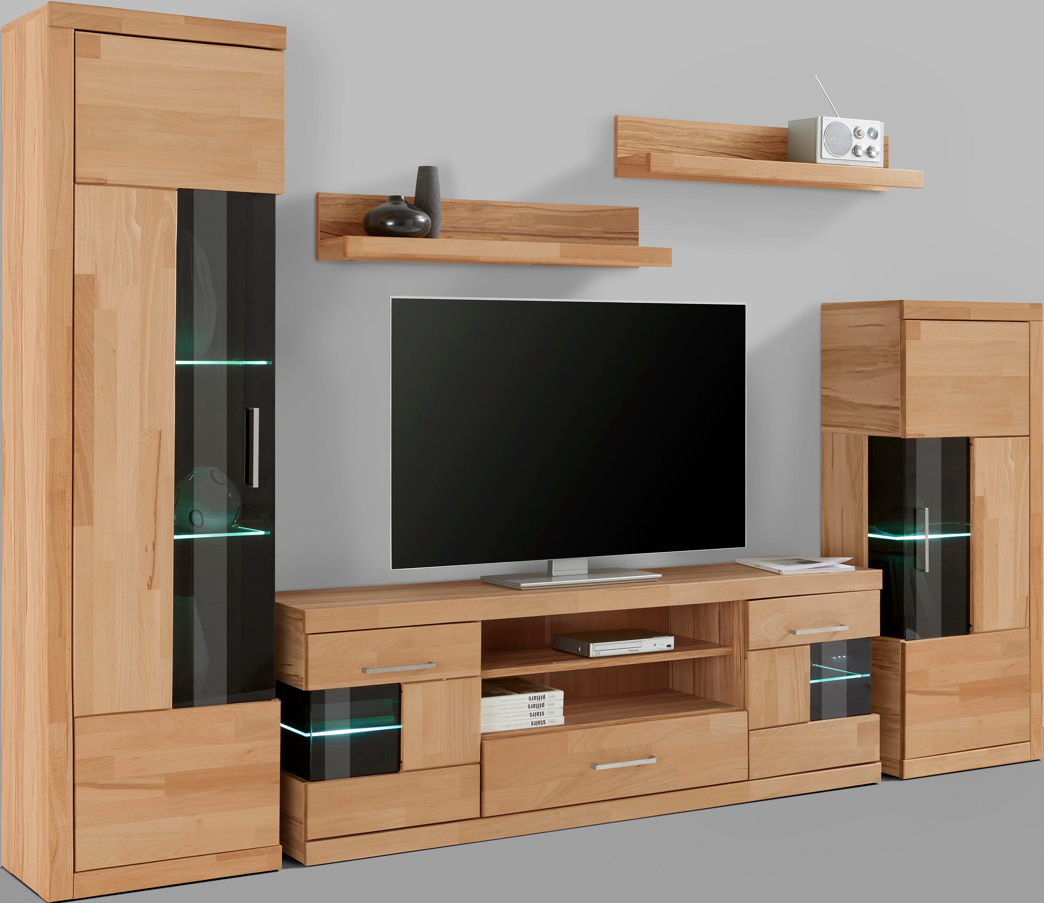 OTTO home Wohnwand Ribe Wohnwand Set-5 St., (Set, 5-St), Glaseinsatz aus gehärtetem Glas,Böden teilweise versetzbar