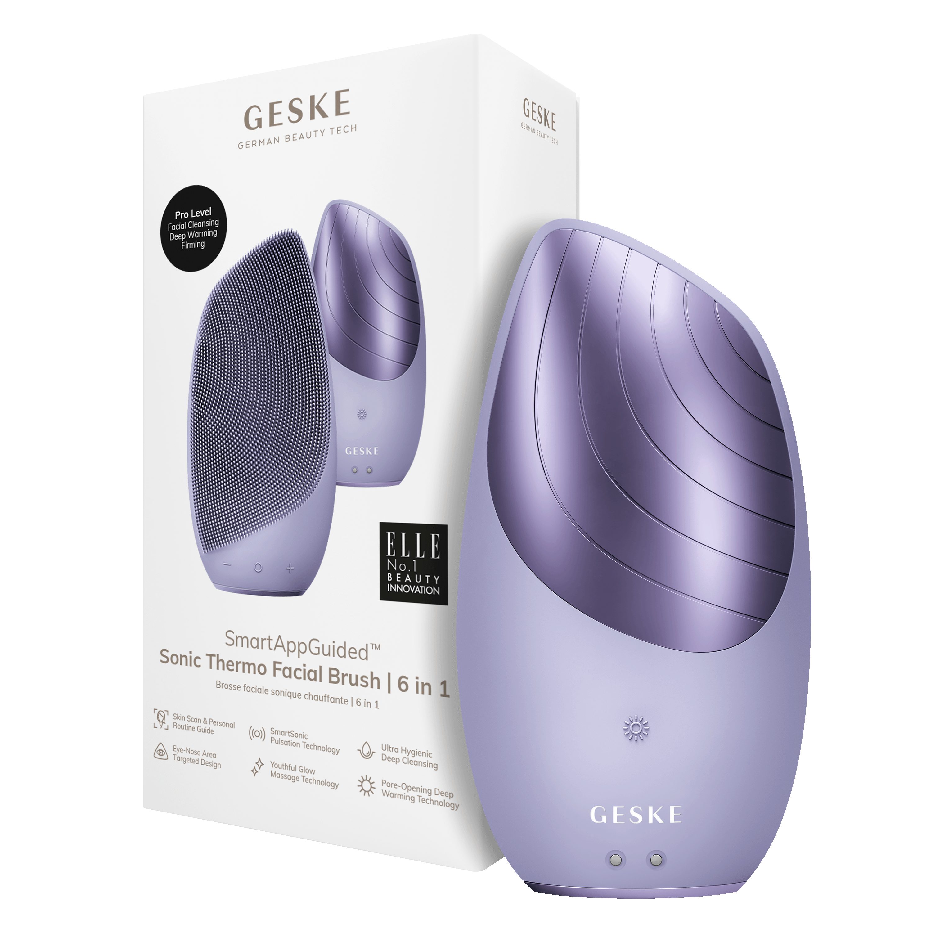 GESKE German Beauty Tech Elektrische Gesichtsreinigungsbürste SmartAppGuided™ Sonic Thermo Facial Brush 6 in 1, Packung (Gerät & USB-Ladekabel), 2-tlg., Gerät inkl. kostenloser APP (SmartAppGuided Device), Anti-Aging Massage-, SmartSonic Pulsation- & Tiefen-Wärme-Technologie Purple