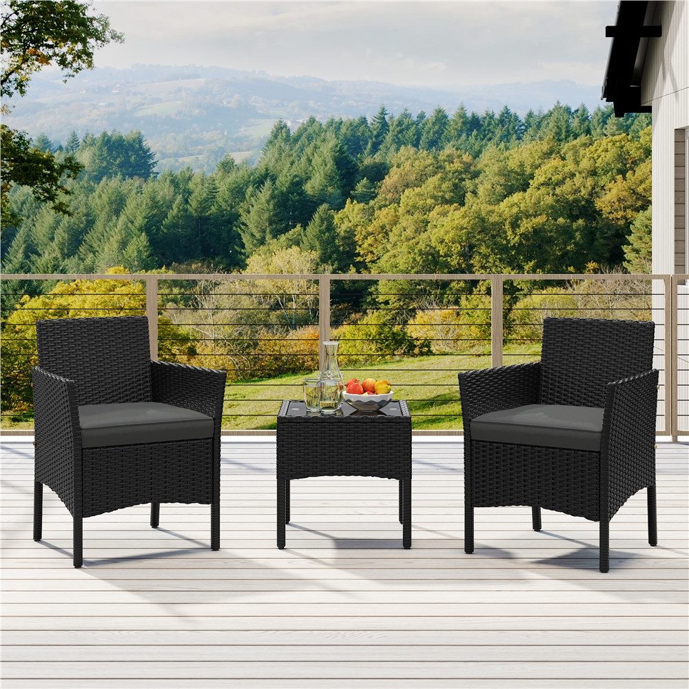 Yaheetech Balkonset Gartenmöbel-Set 3-Teilig in Rattanoptik für 2 Personen, Gartengarnitur inkl. 2 Stühle mit Kissen & Tisch mit Hartglasplatte