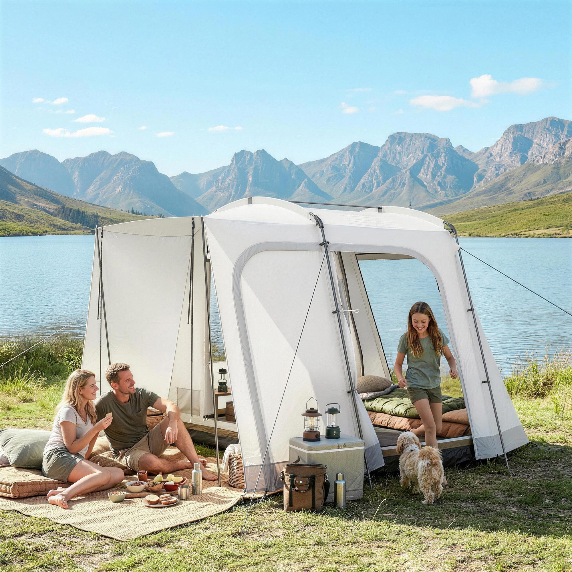 Outsunny Kuppelzelt mit 4 Türen, Fenster, Vorzelt, Bodenplane, Tasche, Personen: 4 (Heckzelt, 1 tlg., Autozelt), für Camping Reise SUV