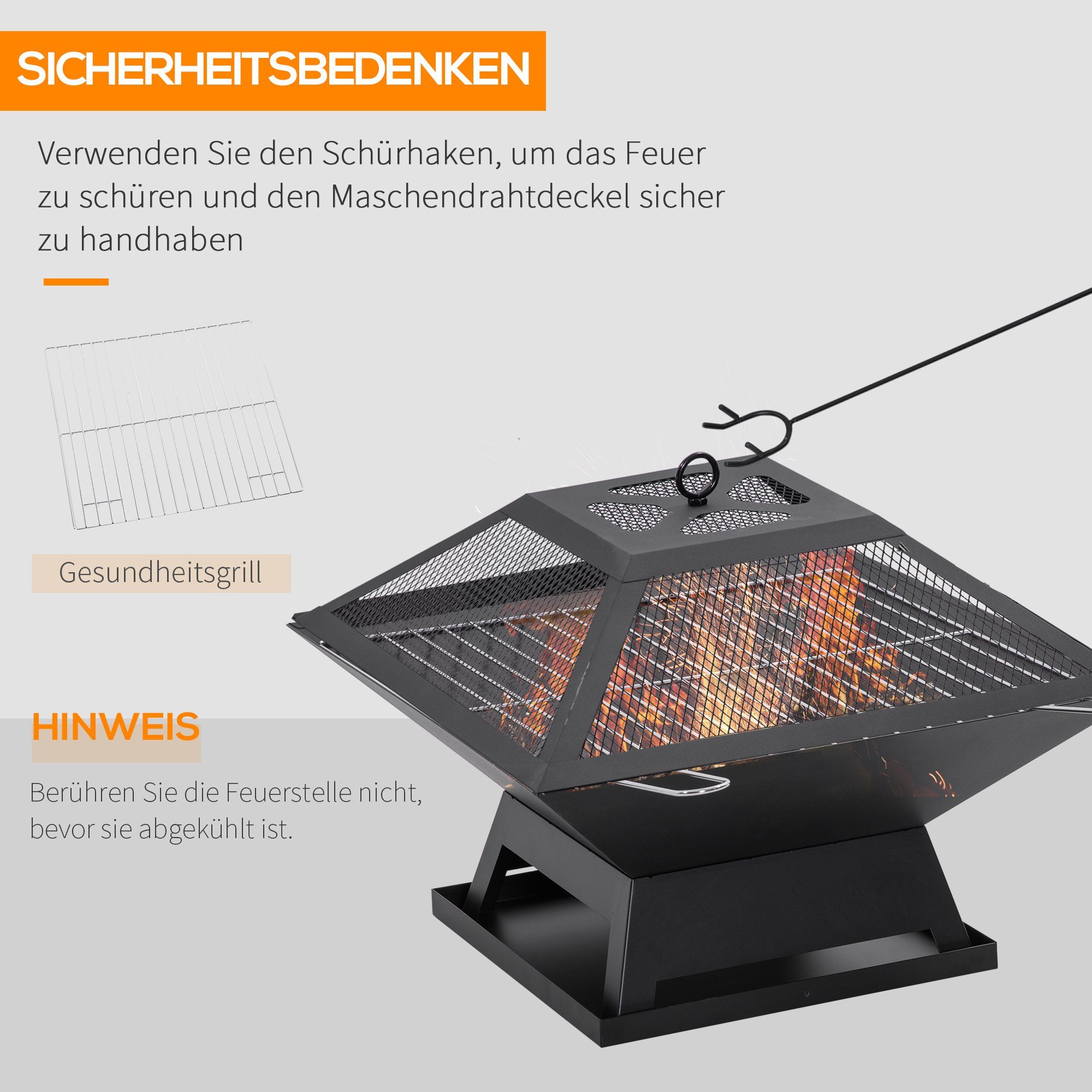 Outsunny Feuerschale für Garten Camping BBQ, (Grillrost, 1-St., Feuerschale mit Funkenschutz), Stahl Schwarz 45 x 45 x 34 cm