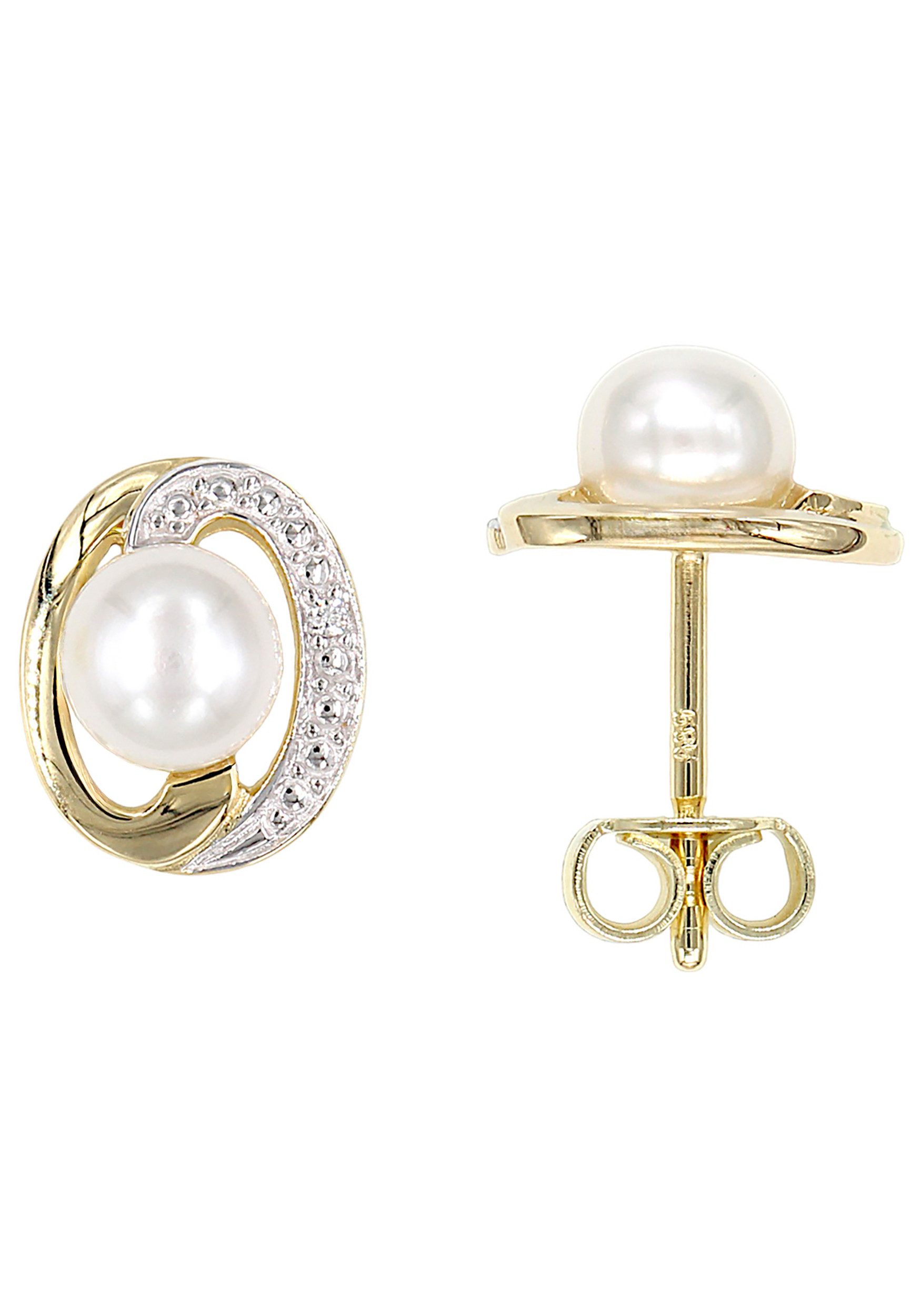 JOBO Perlenohrringe, 585 Gold mit 2 Diamanten und Süßwasser-Zuchtperlen