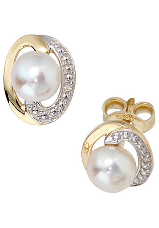 JOBO Perlenohrringe, 585 Gold mit 2 Diam... JOBO Perlenohrringe, 585 Gold mit 2 Diam...