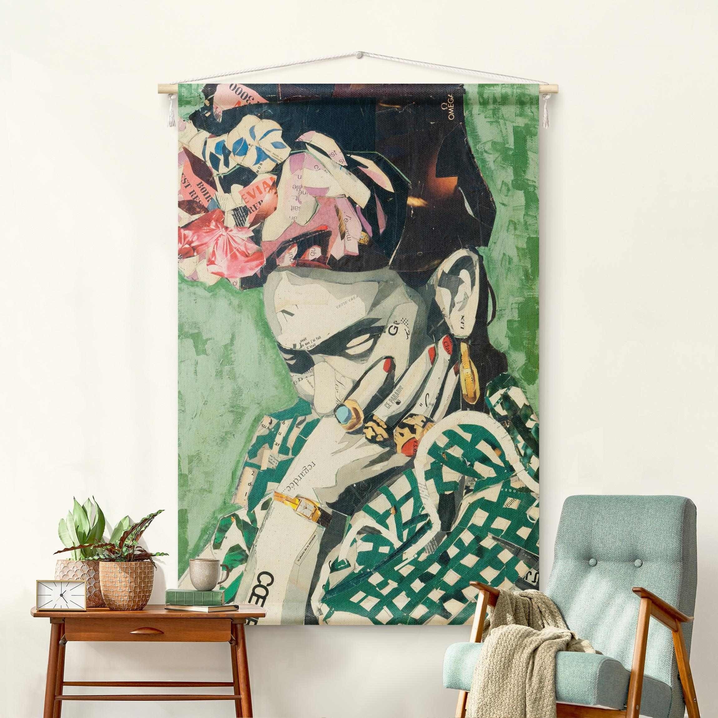 Bilderdepot24 Wandteppich modern Frida Kahlo Kunst grün, rechteckig, Höhe: 2.6 mm, großes Wandbild aus Natur-Baumwolle Wandbehang Stoffbild Tuch Wollseil