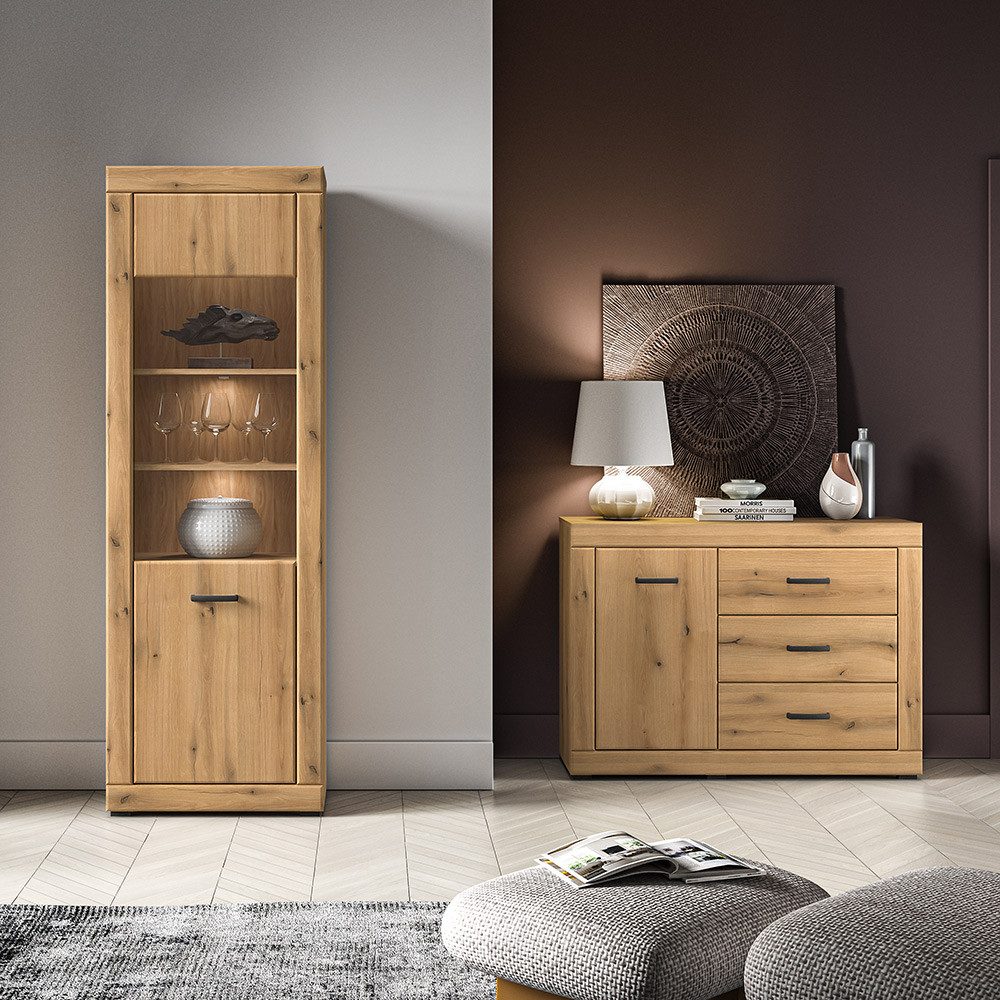 Lomadox Wohnzimmer-Set DAKAR-131, (Mega-Spar-Set, 2-St., Vitrine Kommode), in Eiche, inkl. LED-Beleuchtung, modern