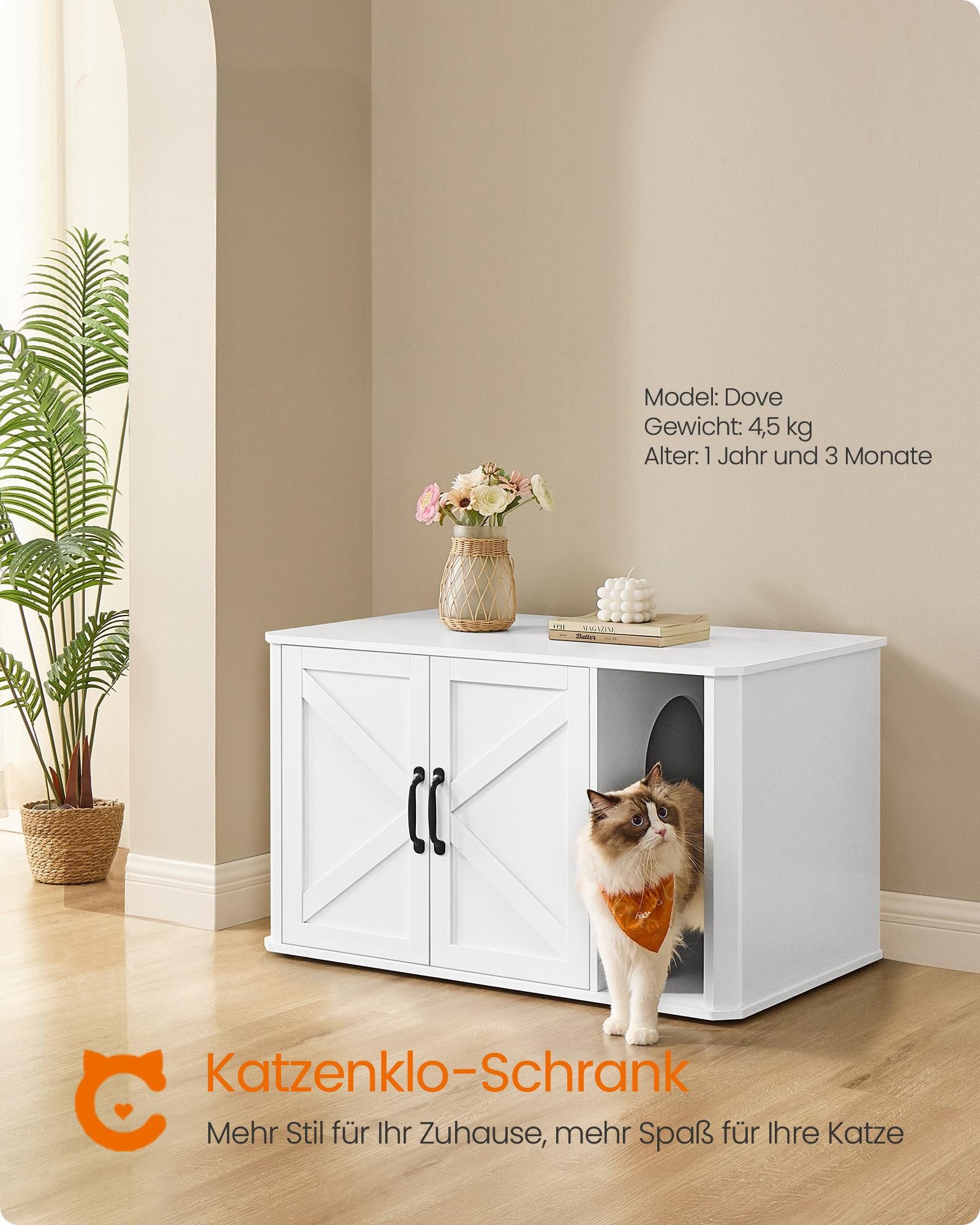 FEANDREA Katzentoilette Katzenklo-Schrank modern, Vordereingang, mit Doppeltür und Griffen, 85 x 48,5 x 50 cm