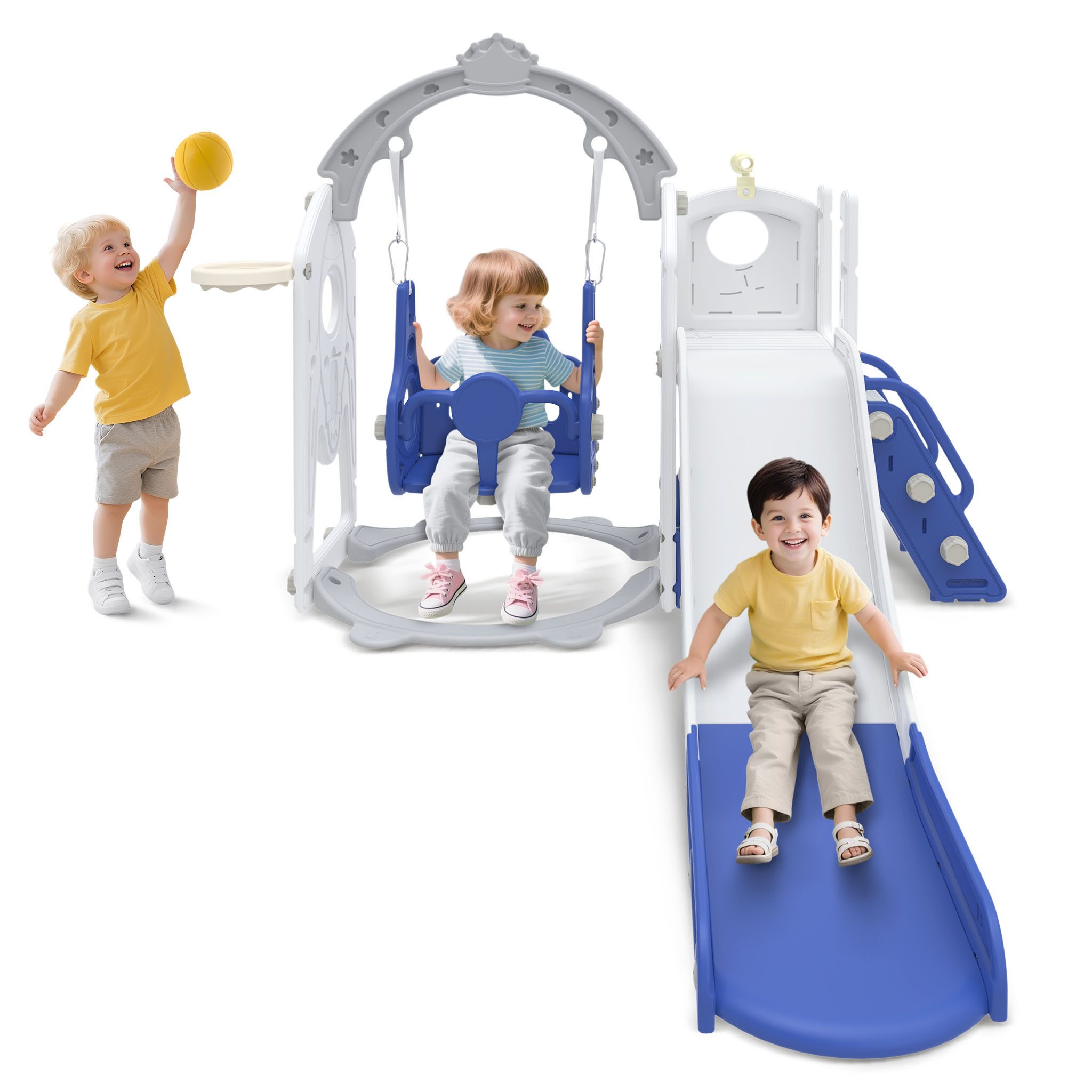 FIVMEN Rutsche 6-in-1 Kinderrutsche, Gartenrutsche Breite Stufen und Griffe, (Freistehende Rutsche aus HDPE & PP, mit Schaukel, Kletterleiter, Stauraum, Basketballkorb und Spielteleskop)