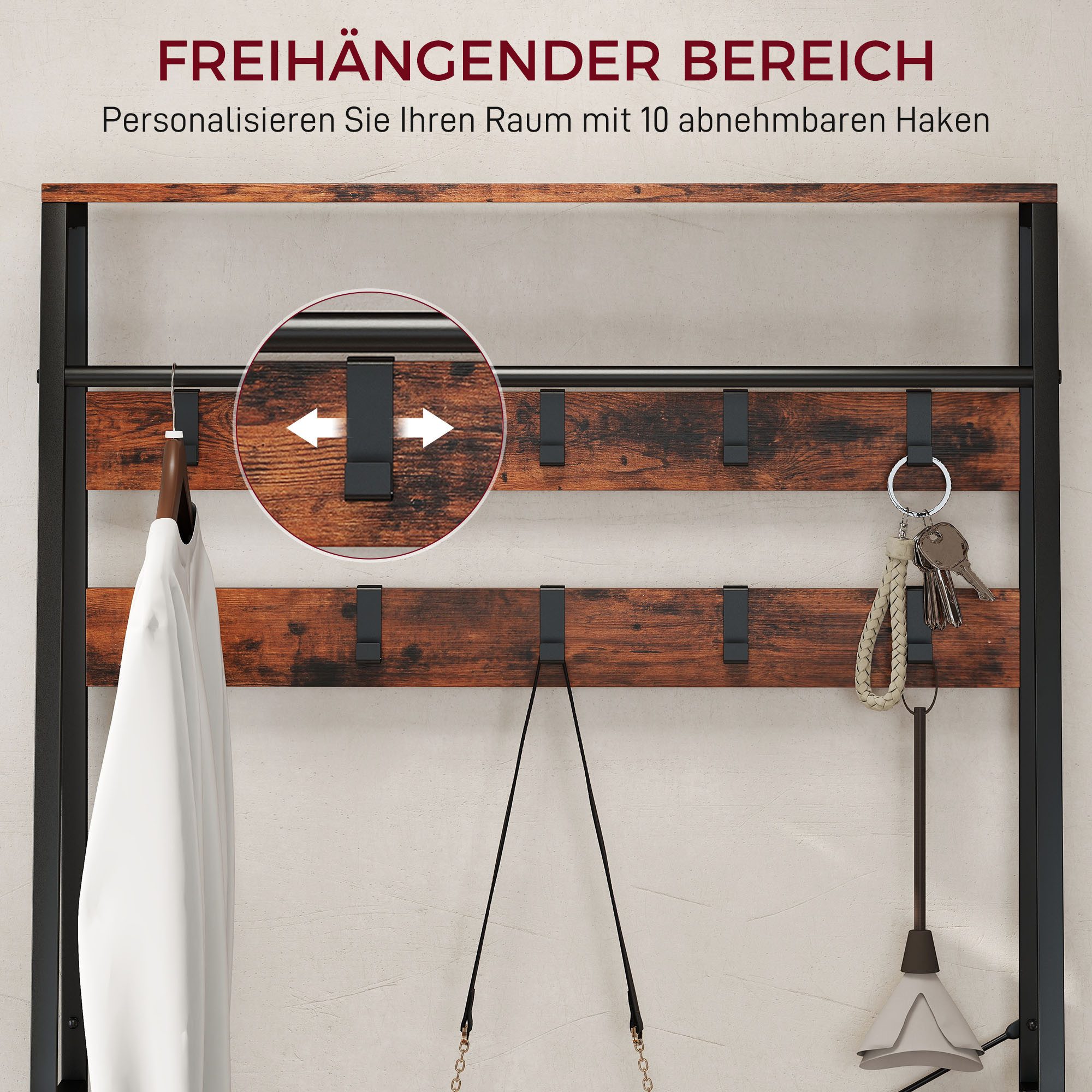 HOMCOM Garderobenständer Schuhbank, Kleiderstange, Industrie-Design Garderobe, Höhe 180 cm, (Jackenständer, 1 St., Kleiderständer), für Eingangsbereich, Flur, R – Bild 5 von 5