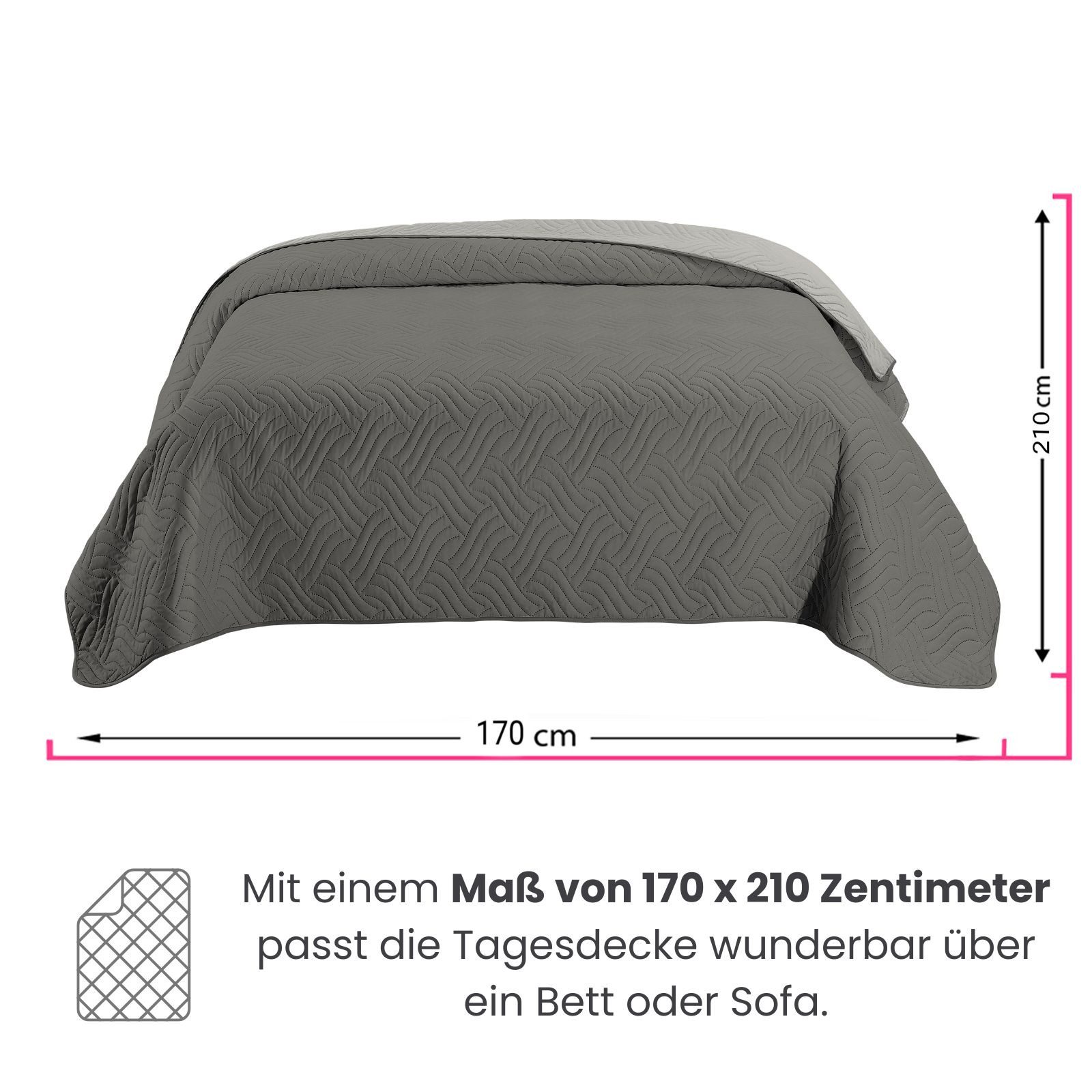 wometo Tagesdecke Wendedecke XXL aus samtweicher Microfaser in 170x210 cm, OEKO-TEX®, wattiert & gesteppt, Bettüberwurf, Sofaüberwurf – Bild 5 von 5